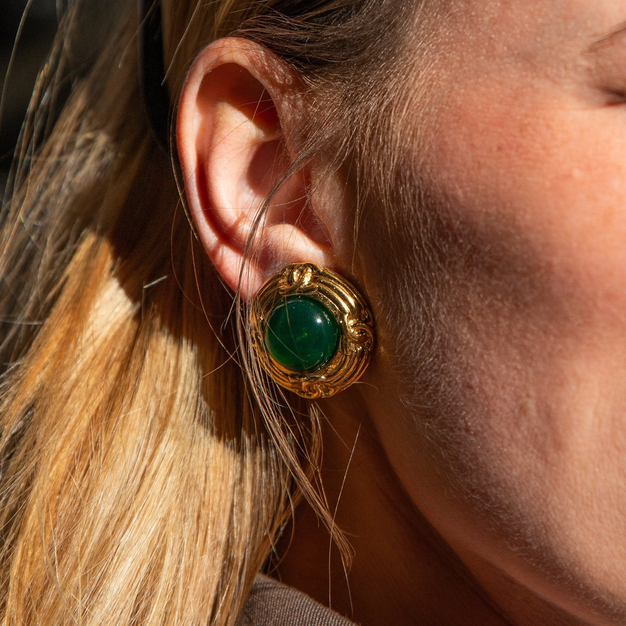 Vintage Chanel Earrings 90s gold & green stone