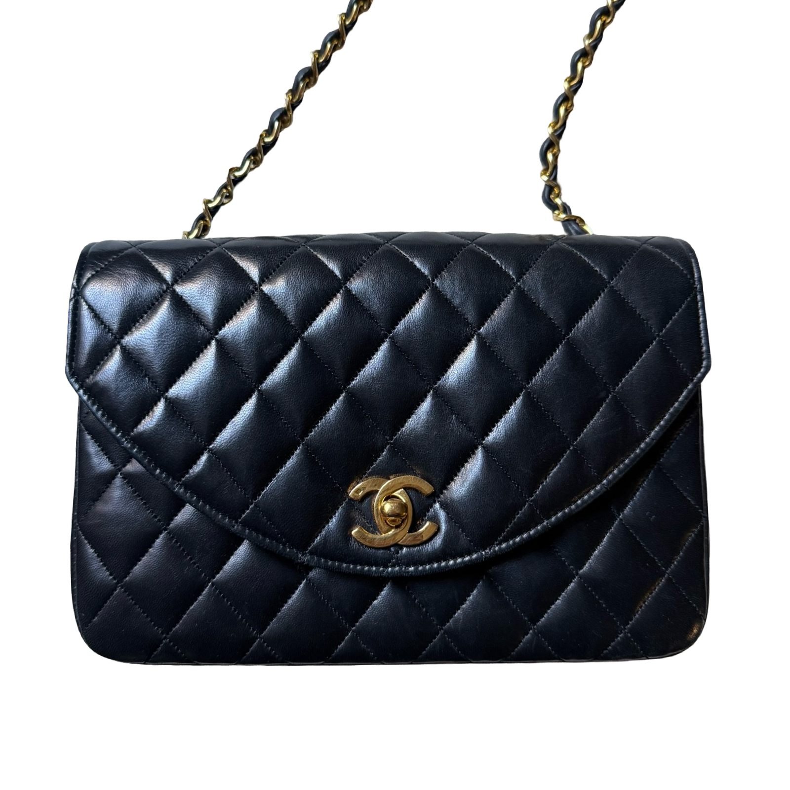 Chanel Vintage Half Moon Classic Flap Black authentic 80s retro lambskin leather