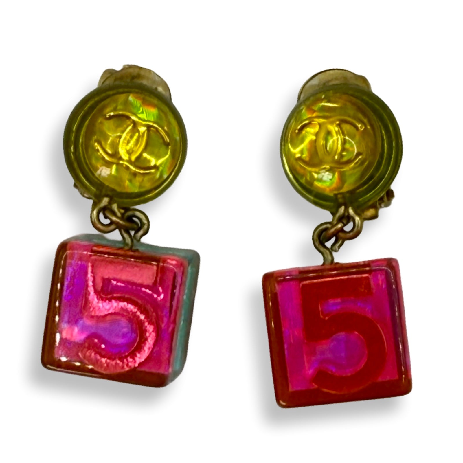 Chanel Vintage 1997 Rainbow Lucite Earrings number five & CC logo dangle drop authentic colorful 90s 
