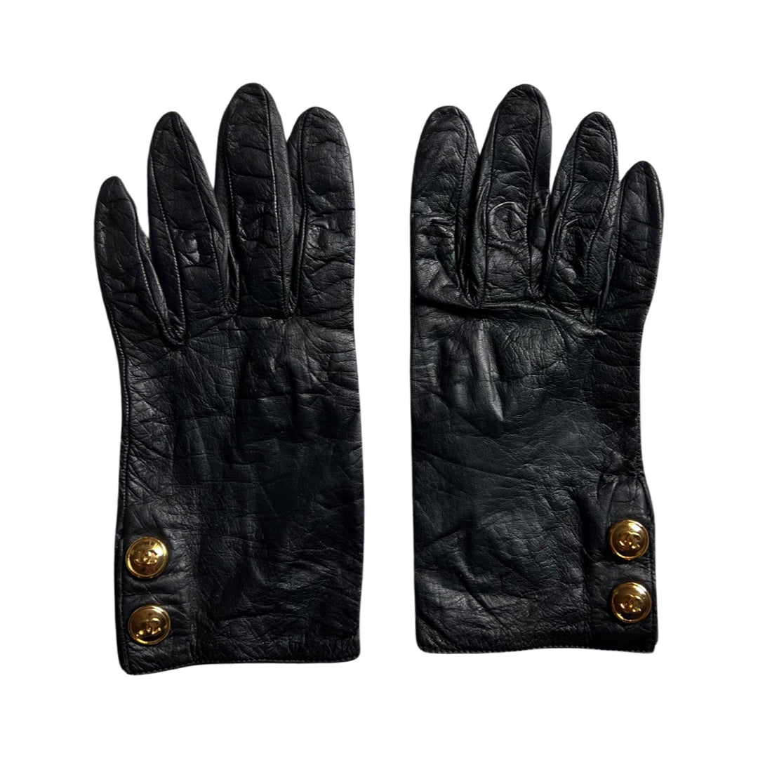 Vintage Chanel Leather Gloves Black Gold