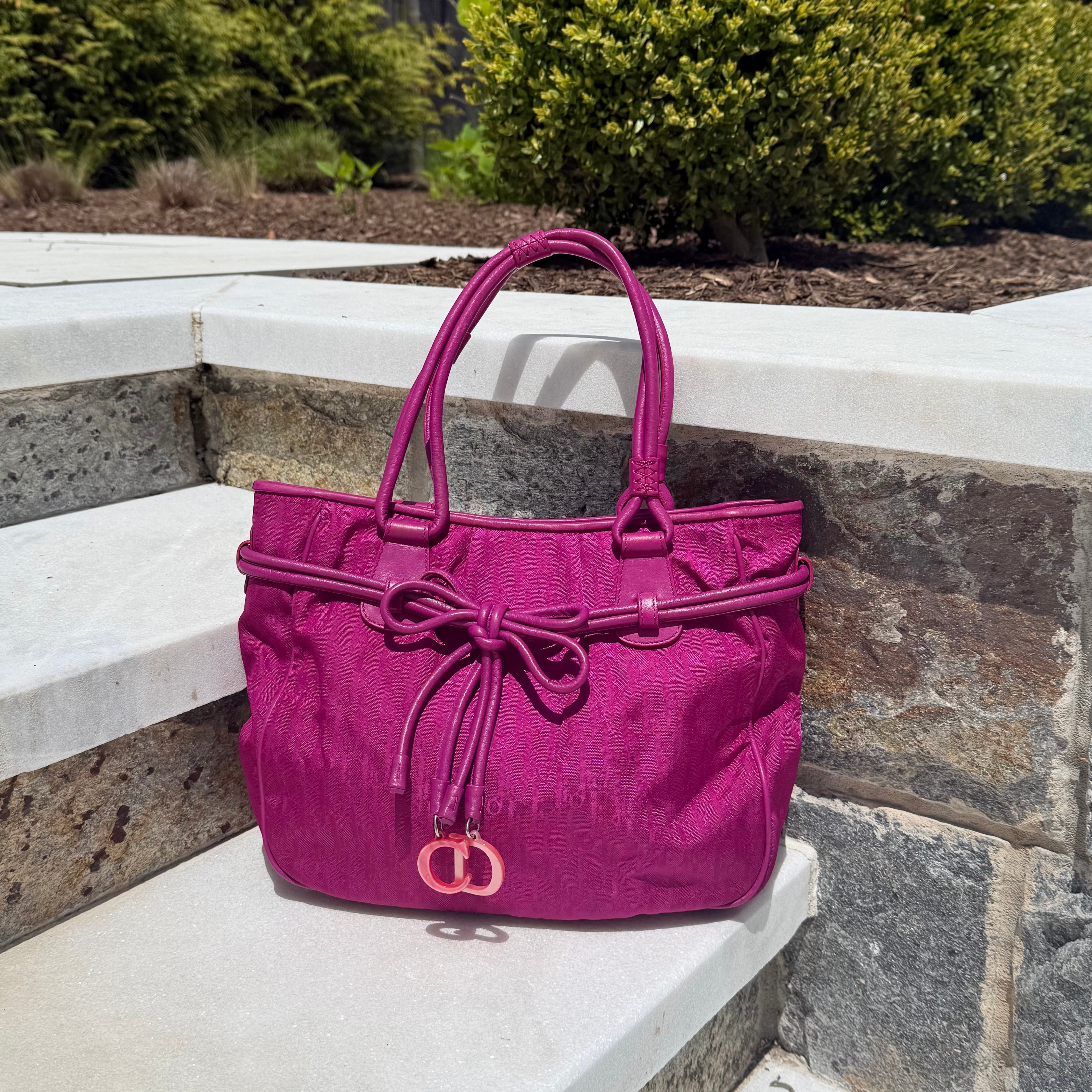 Authentic '08 Christian Dior Vintage Lovely Trotter Tote Hot Pink Fuchsia with CD charms.