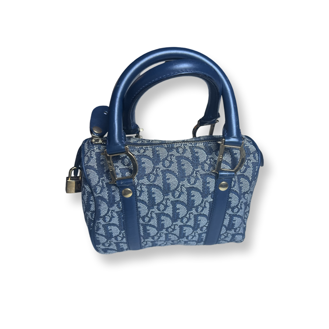 authentic Christian Dior mini boston bag smallest size Navy trotter gold hardware