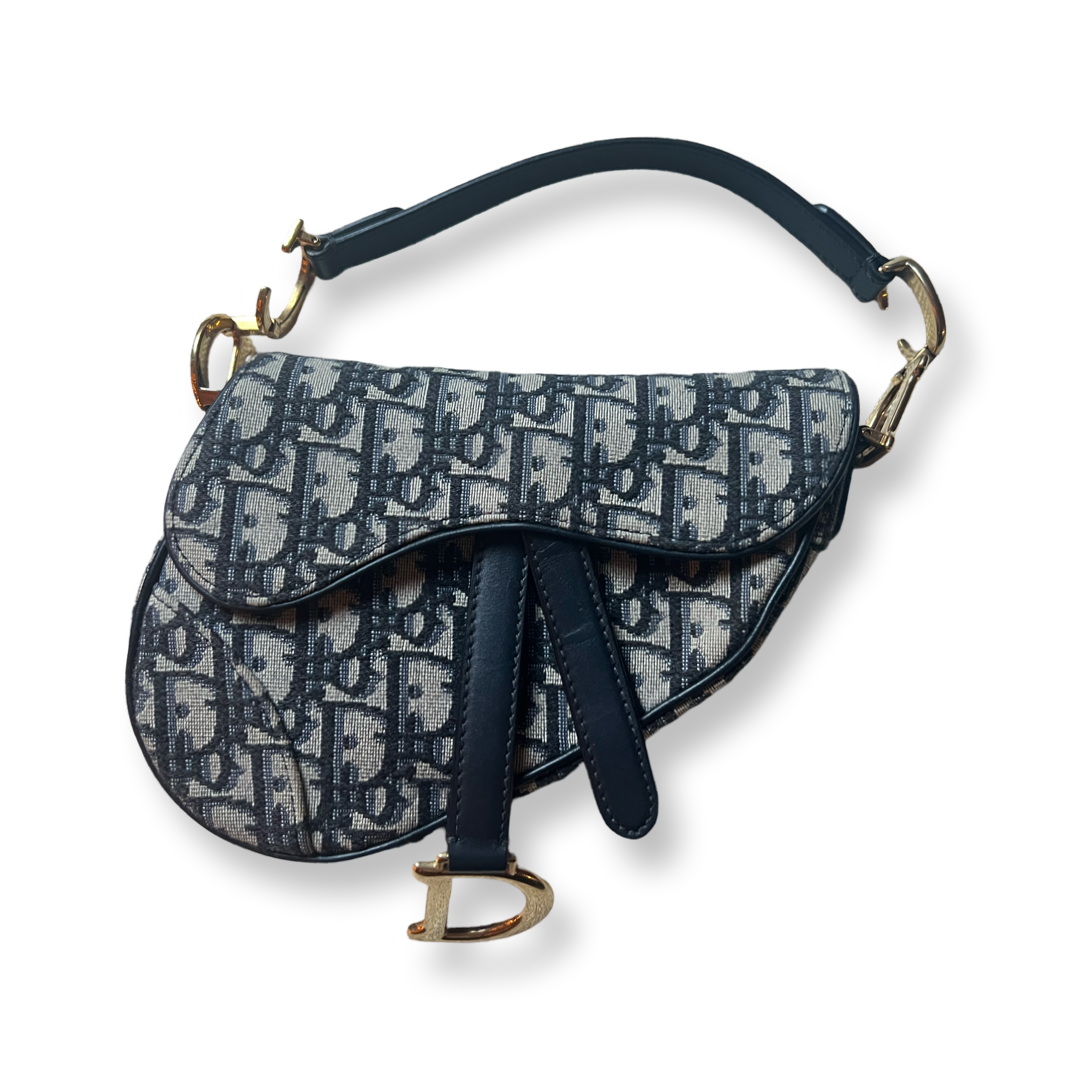 Authentic Christian Dior Saddle Bag Mini Oblique Pattern Classic Blue