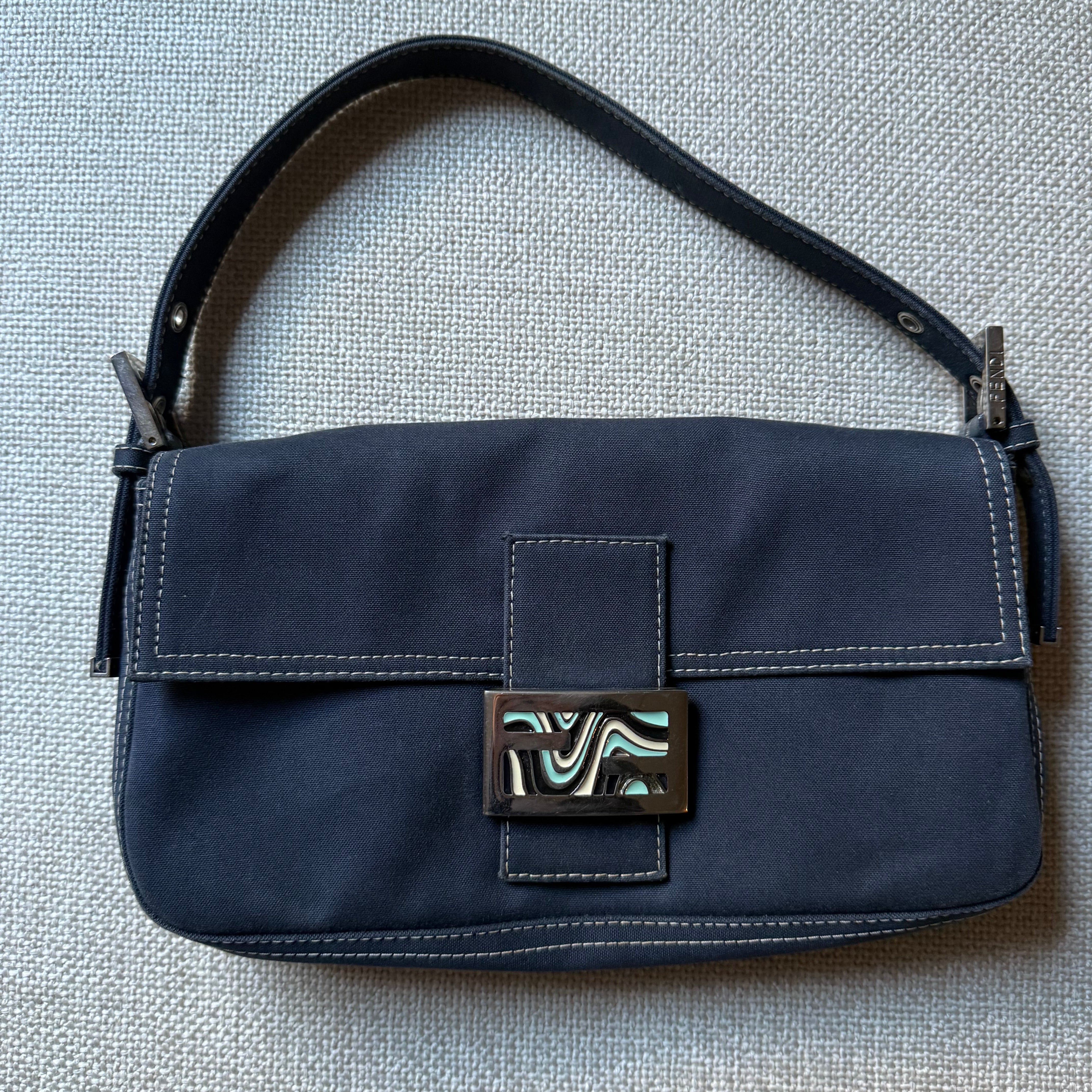 Fendi Baguette authentic Denim Canvas Y2k enamel blue swirl buckle edition 2000s retro