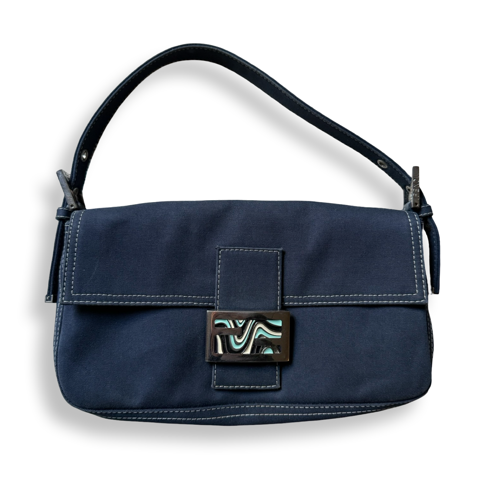 Fendi Baguette authentic Denim Canvas Y2k enamel blue swirl buckle edition