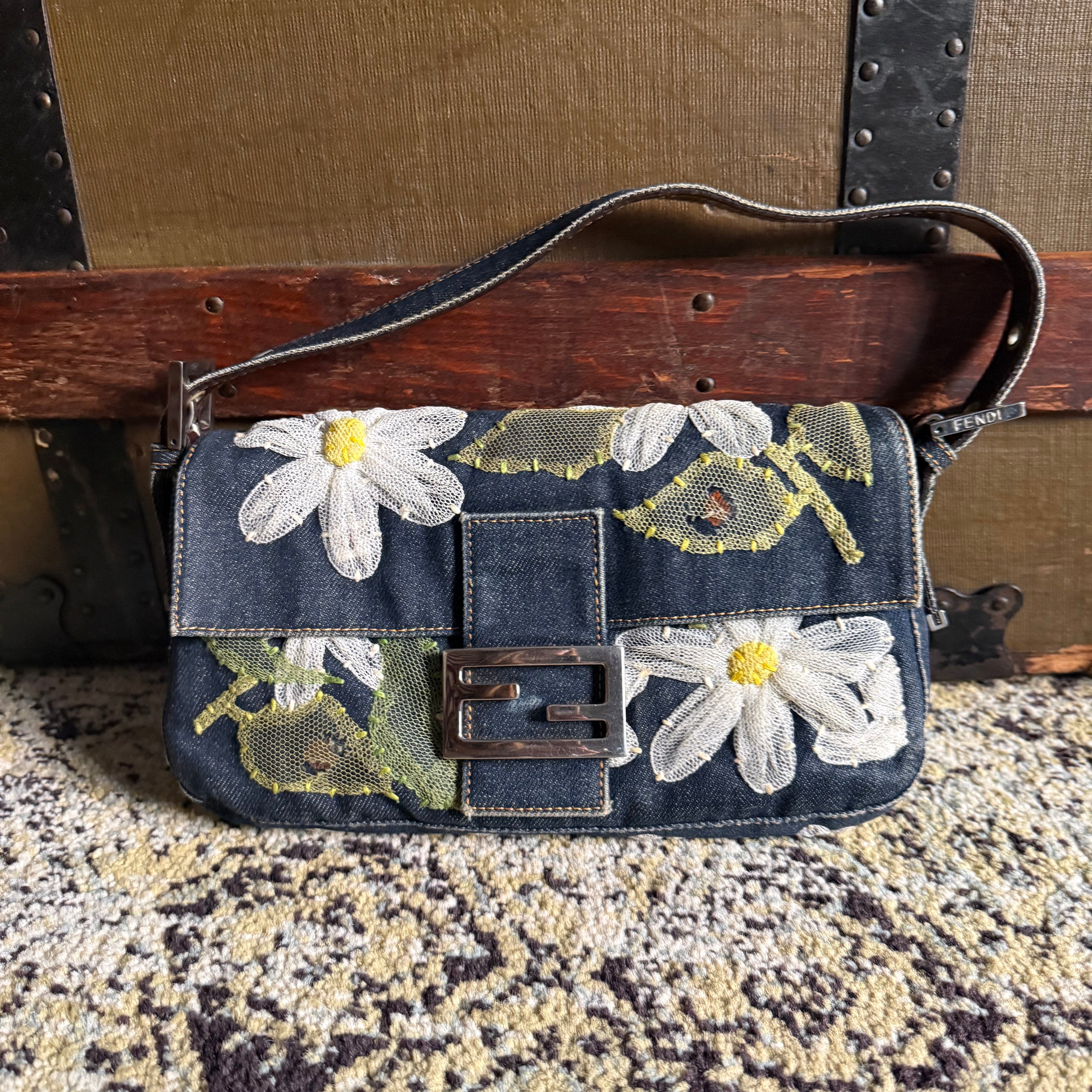 Fendi Denim Floral Embroidered Baguette