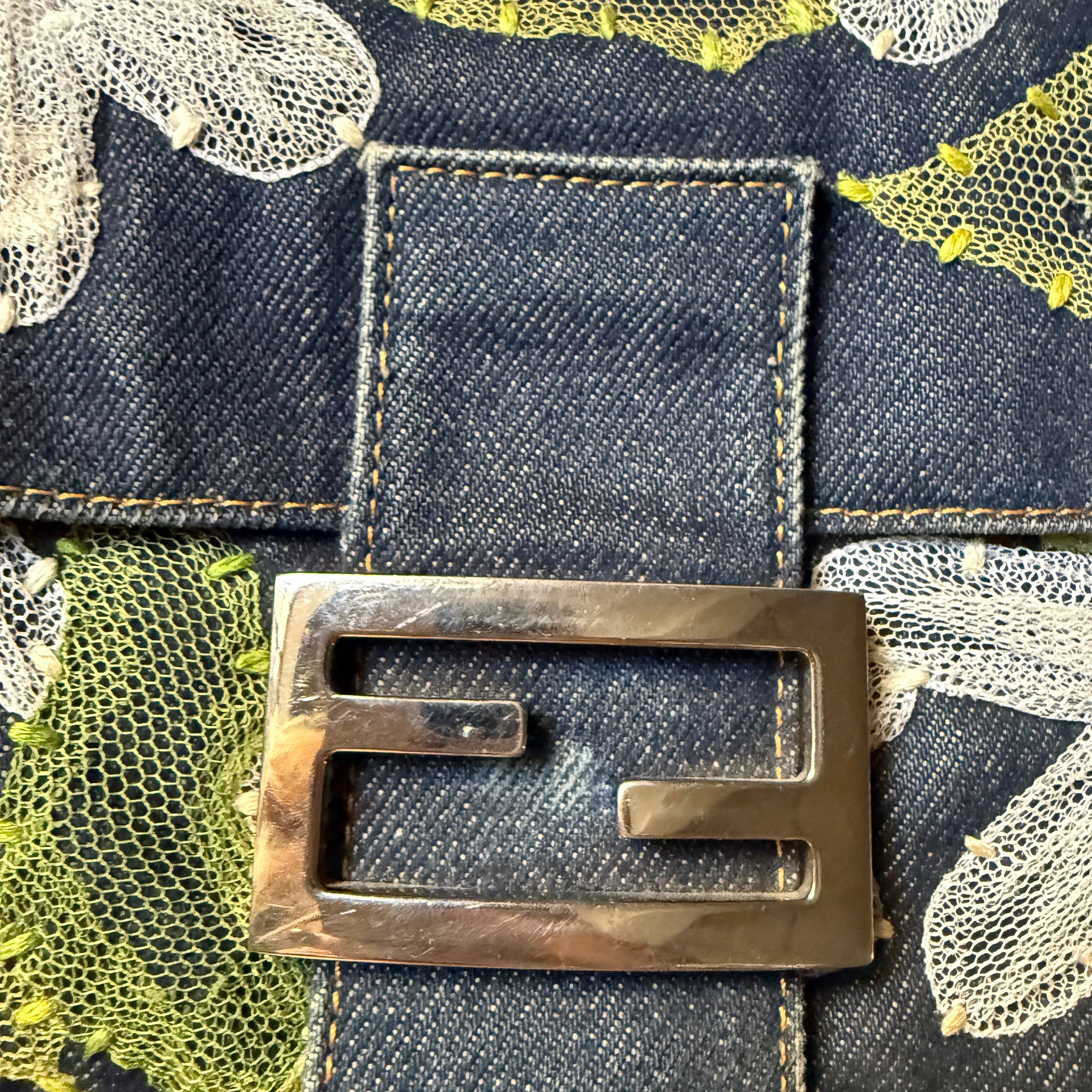 Fendi Denim Floral Embroidered Baguette