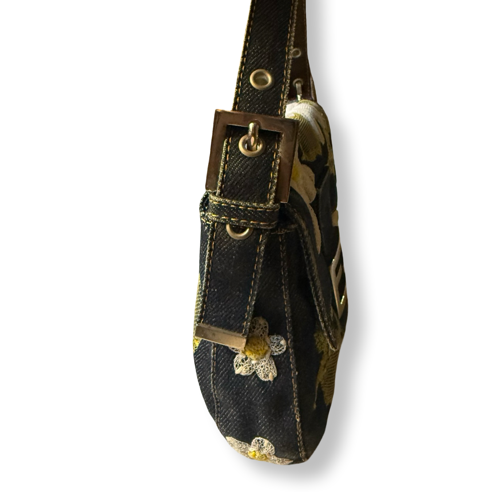 Fendi Denim Floral Embroidered Baguette