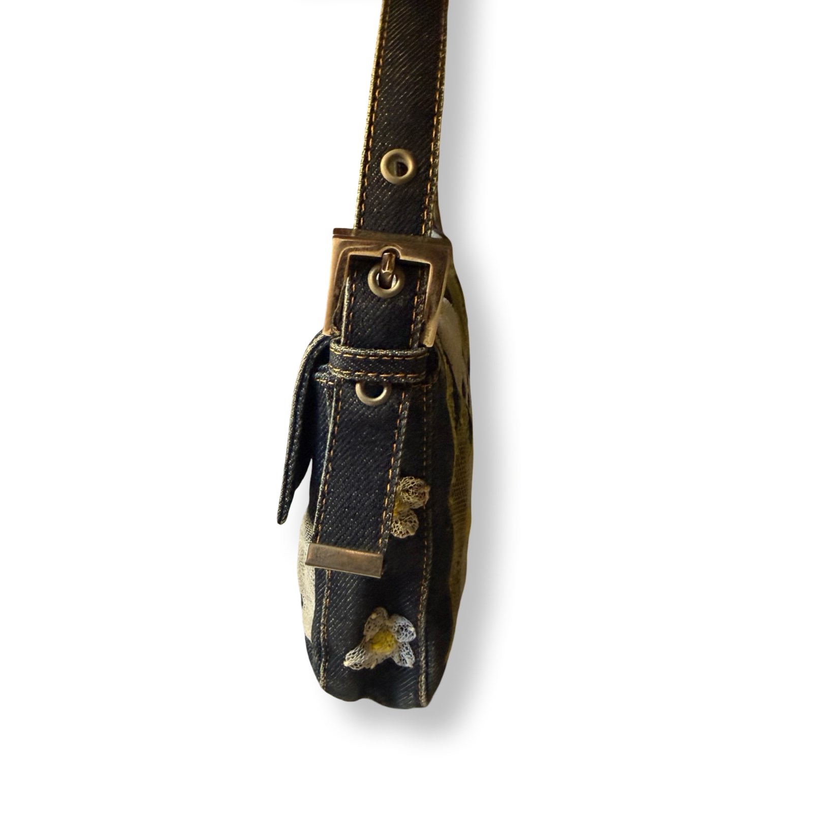 Fendi Denim Floral Embroidered Baguette