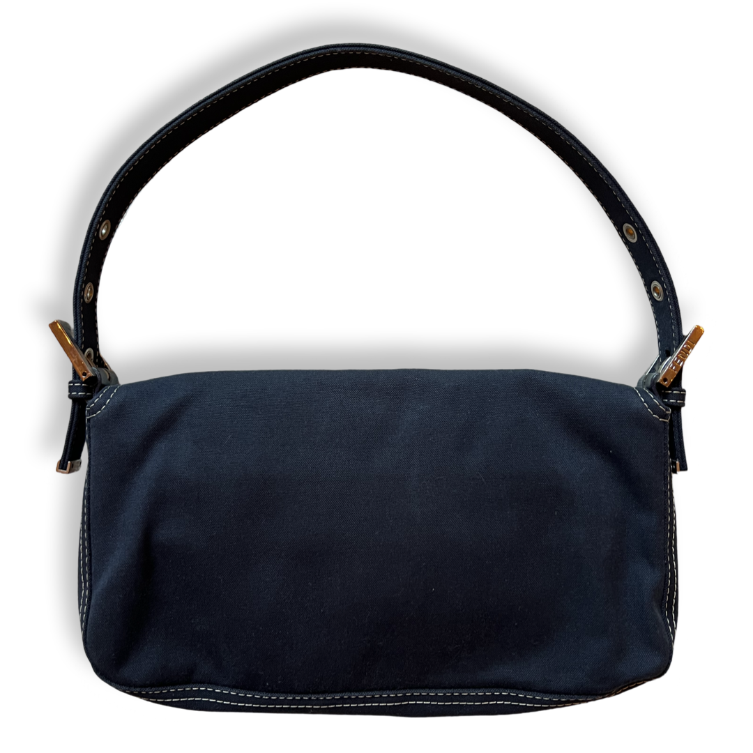 Fendi Y2k Baguette shoulder bag dark rinse canvas blue jean swirl