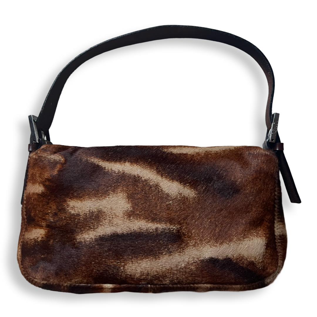 Fendi Baguette Classic Authentic Calf Hair in brown cowhide print and leather