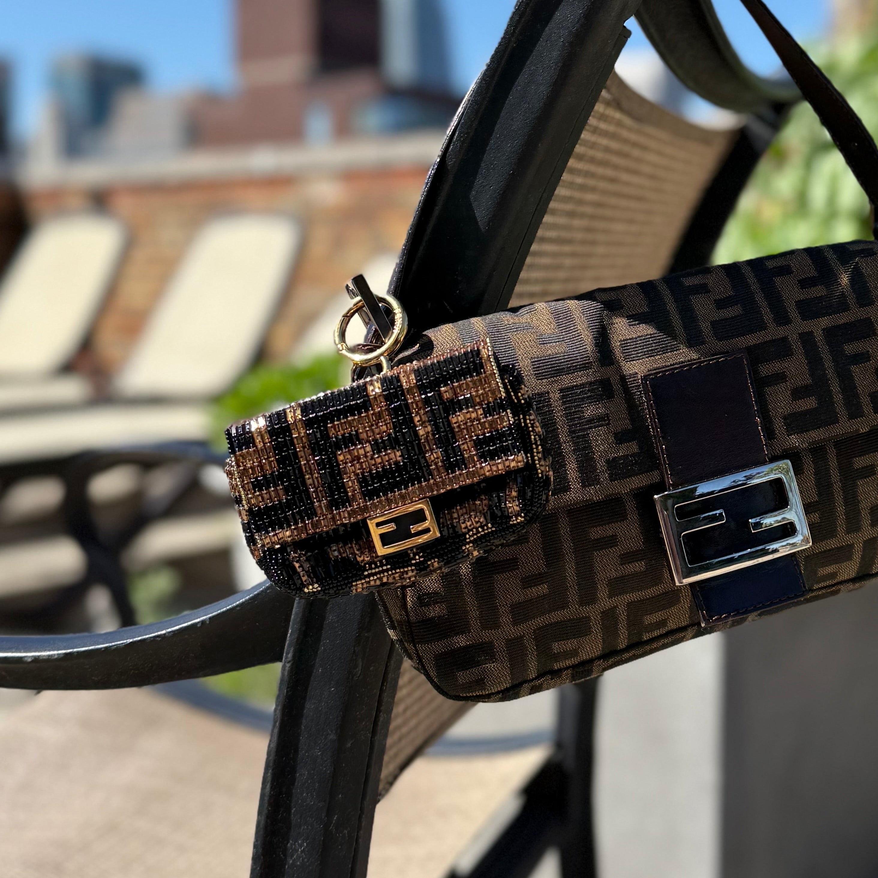 Fendi nano baguette authentic zucca beaded gold hardware