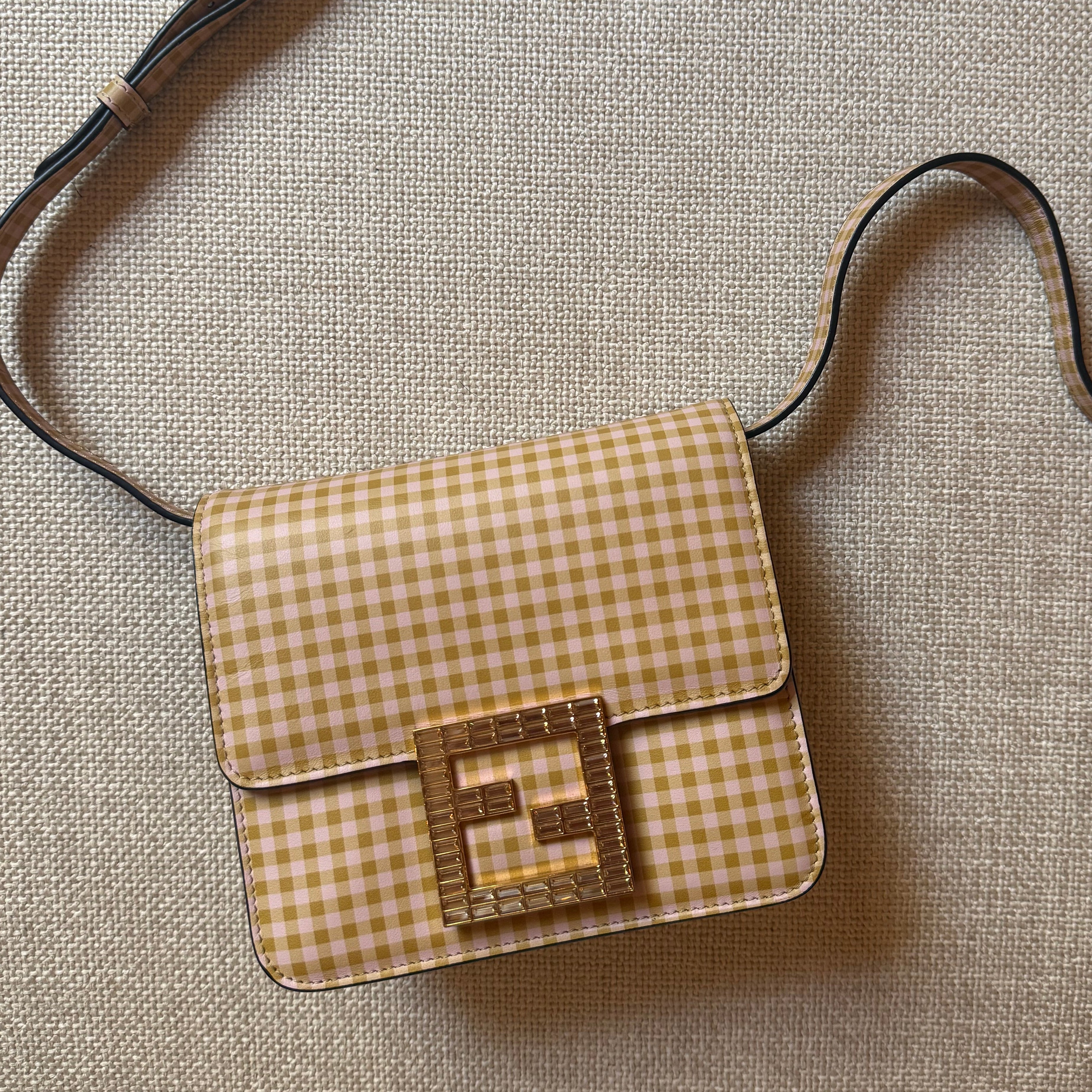 Fendi Fab Shoulder Bag Pattern with Crystal Buckle FF Yellow & pink gingham printed leather