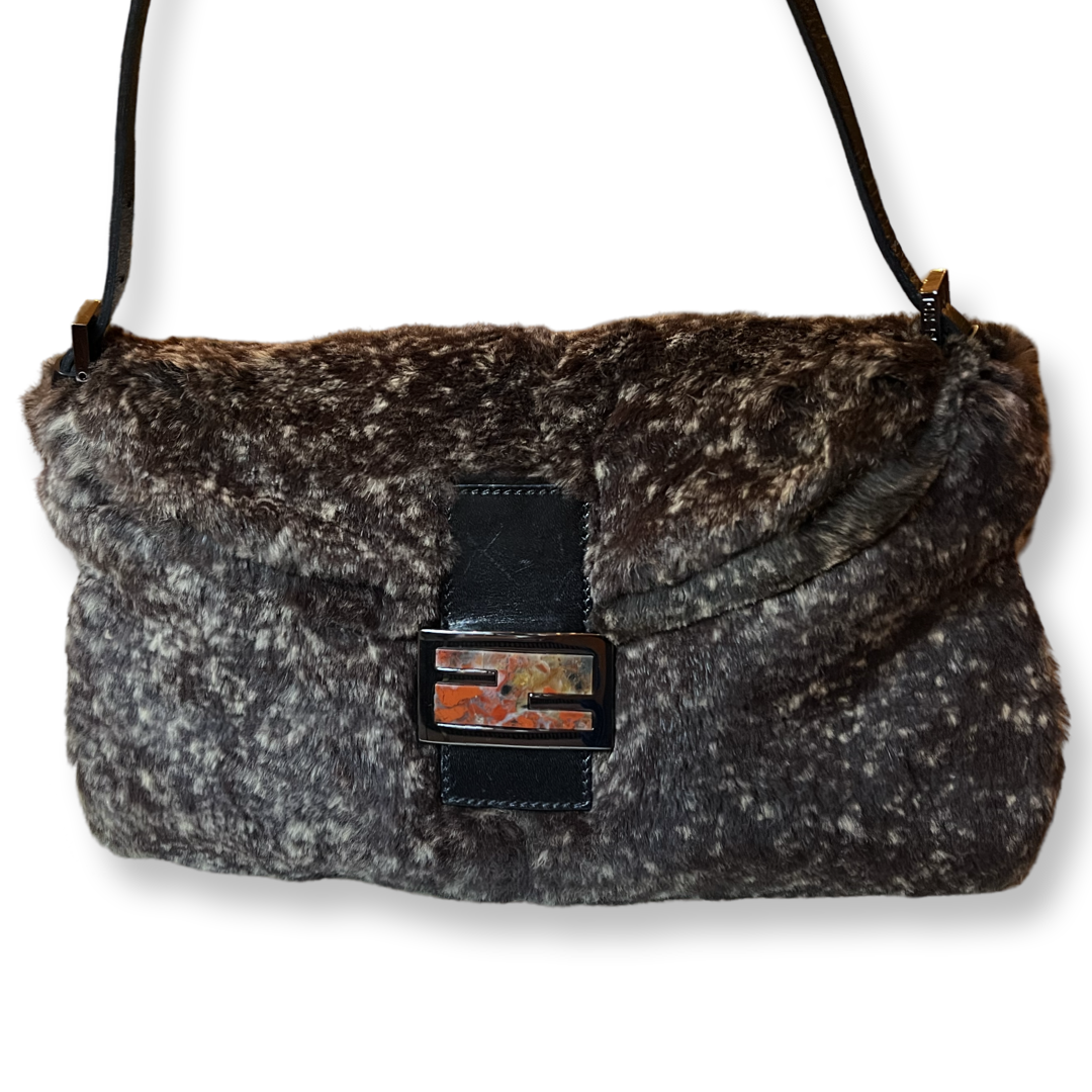 Fendi retro mamma baguette with fur and marble stone details black and brown