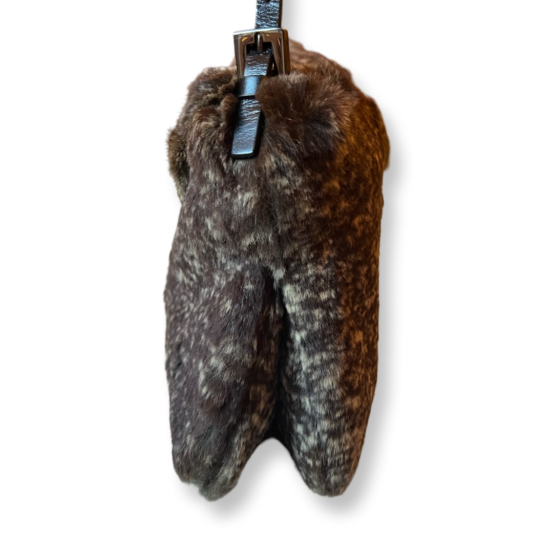 Fendi double flap half moon fur baguette with black leather and stone details authentic