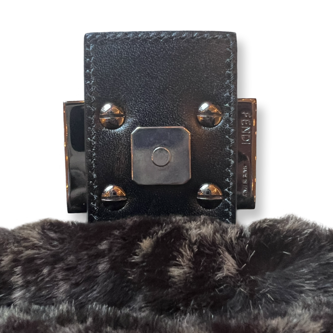 Fendi authentic mamma baguette brown speckled fur black leather silver hardware