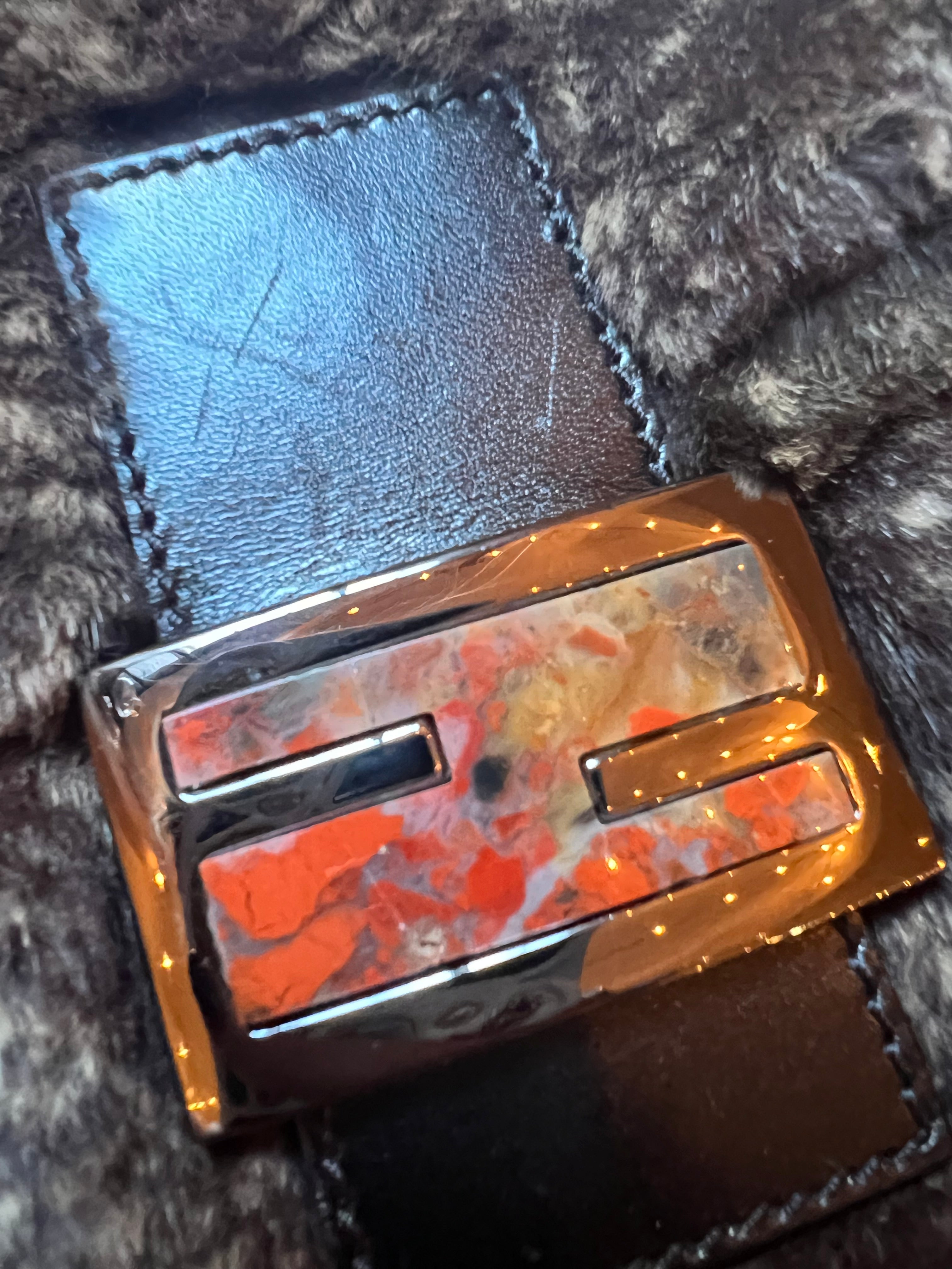 Fendi old fur baguette medium size marble stone buckle center