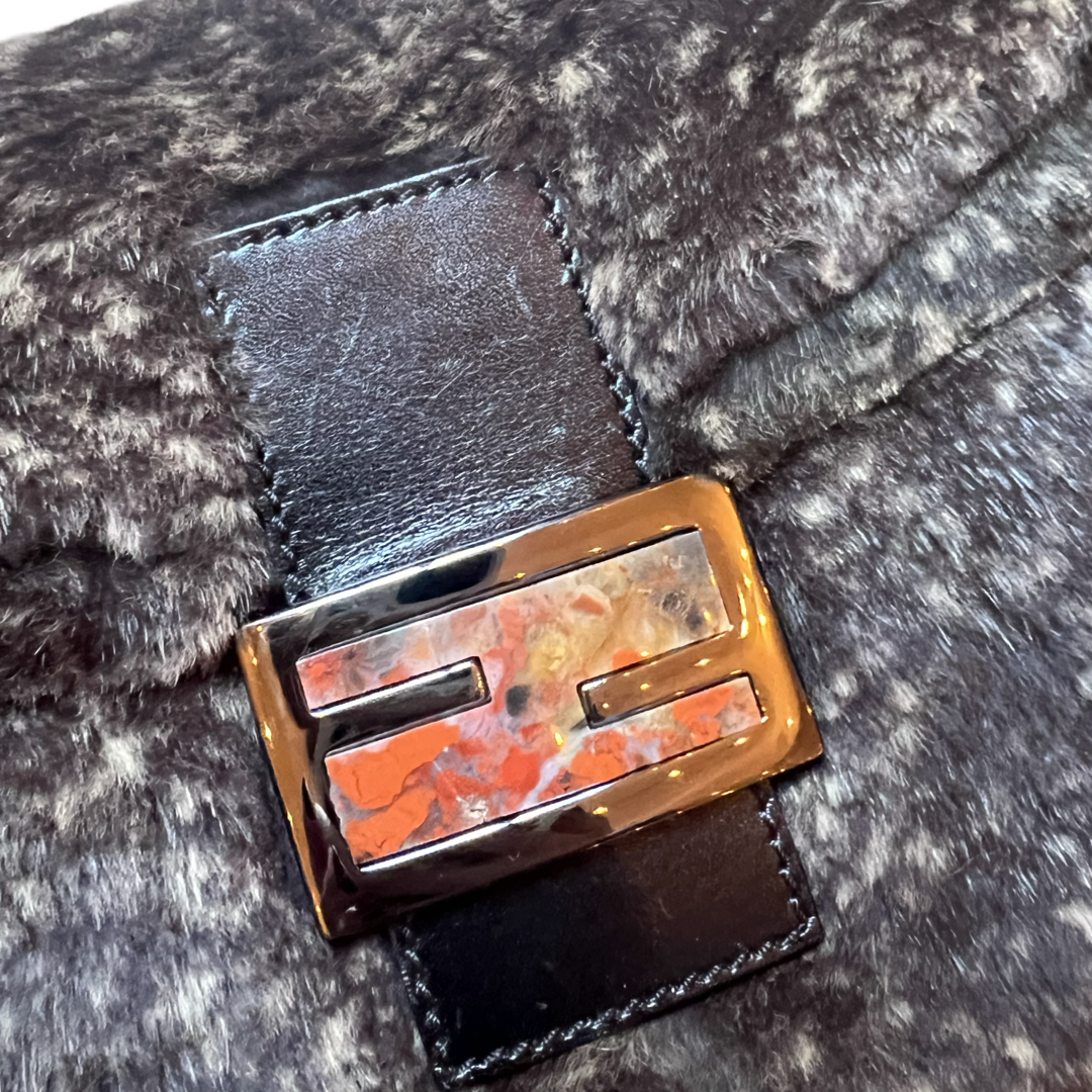 Retro Fendi mamma baguette half moon double flap fur with multicolor marble FF buckle