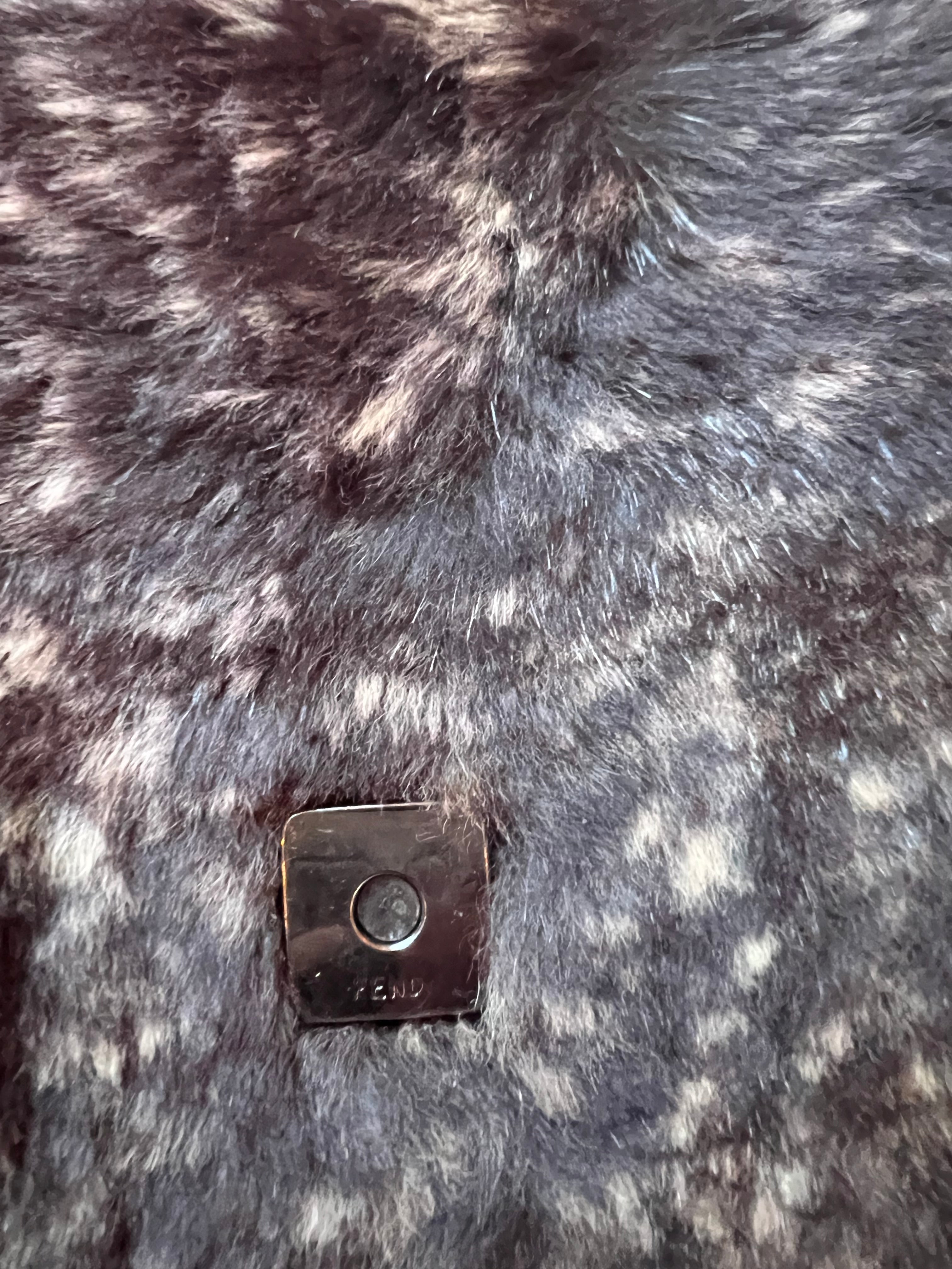 Fendi Brown Fur Baguette with black leather and silver hardware multicolor marble stone buckle