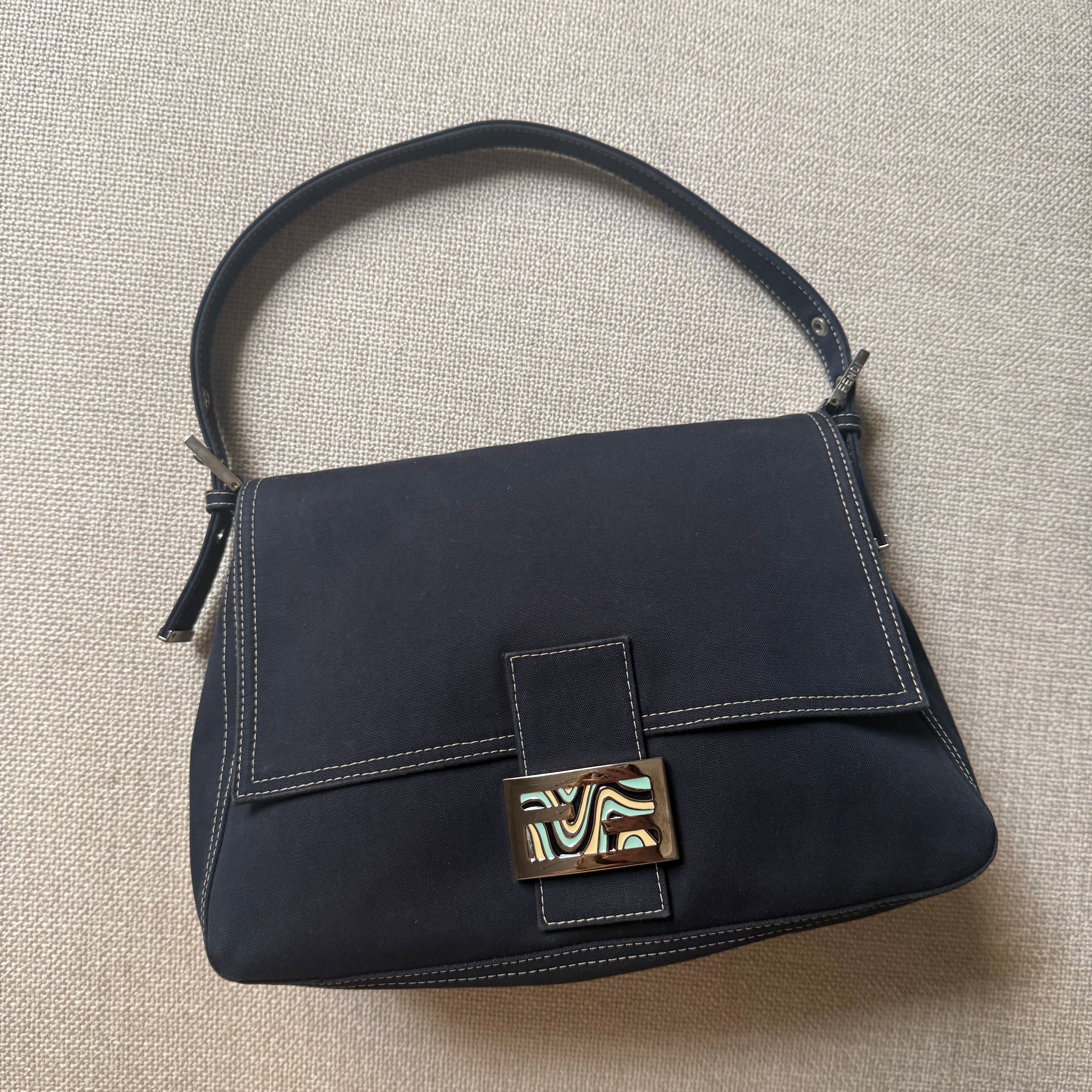 Fendi Mama Baguette Denim Canvas Enamel Swirl Vintage 2000s Y2k Authentic