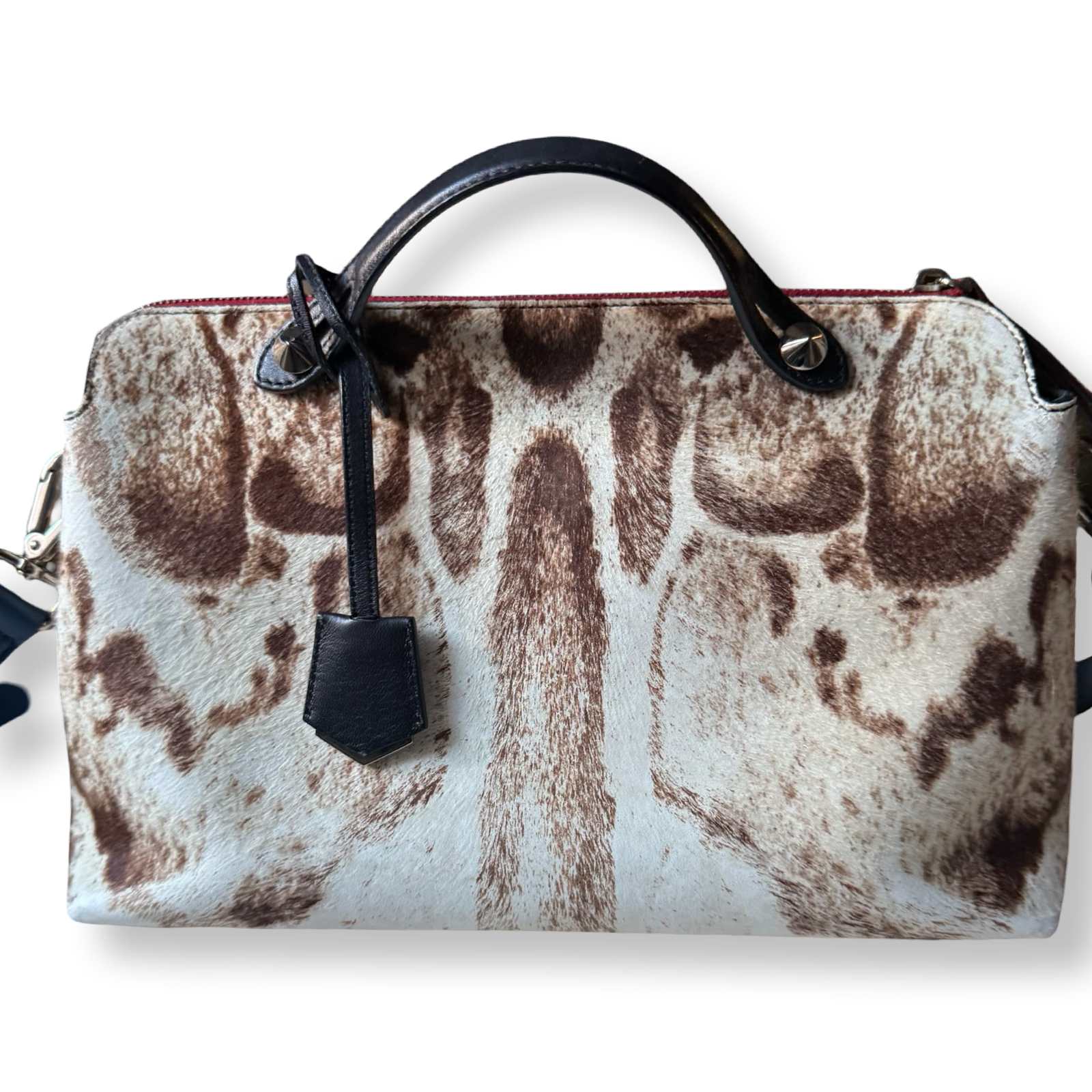 Fendi_Ponyhair_By_the_Way_tote animal pattern black leather blue and red strap