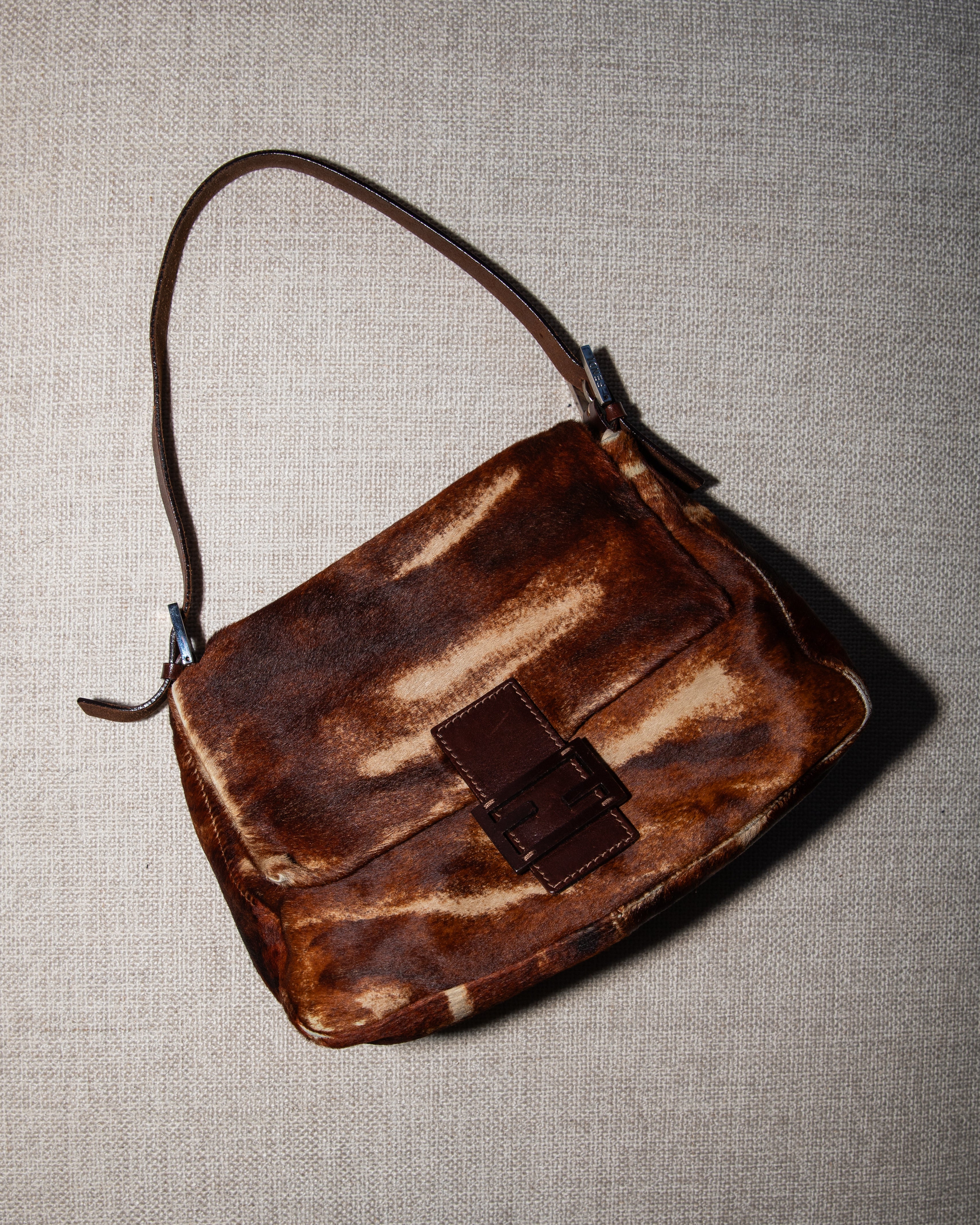 Fendi 2000s Mama Baguette animal hair cowhide pattern calf hair brown