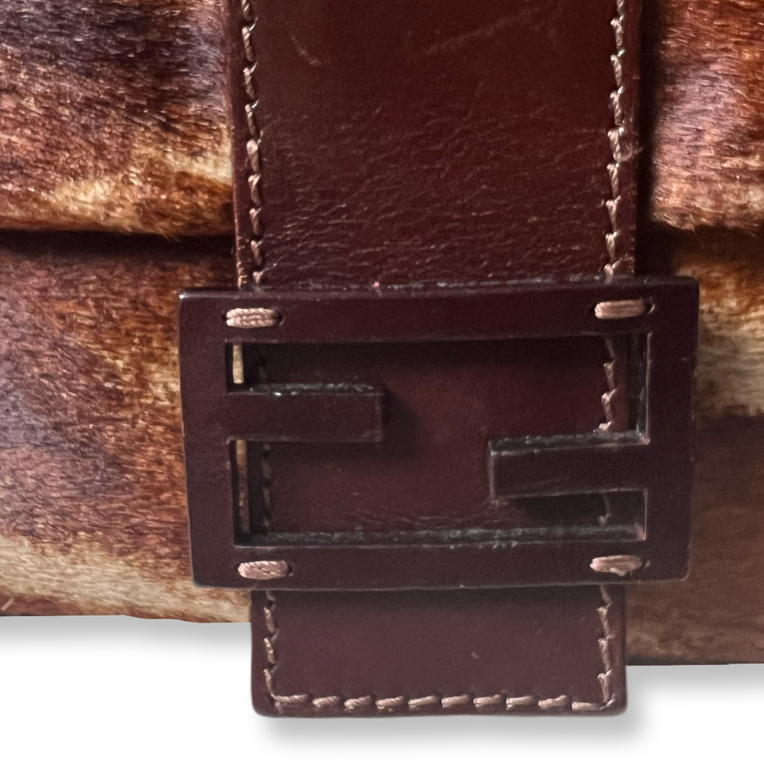 Fendi authentic calf hair brown leather baguette handbag