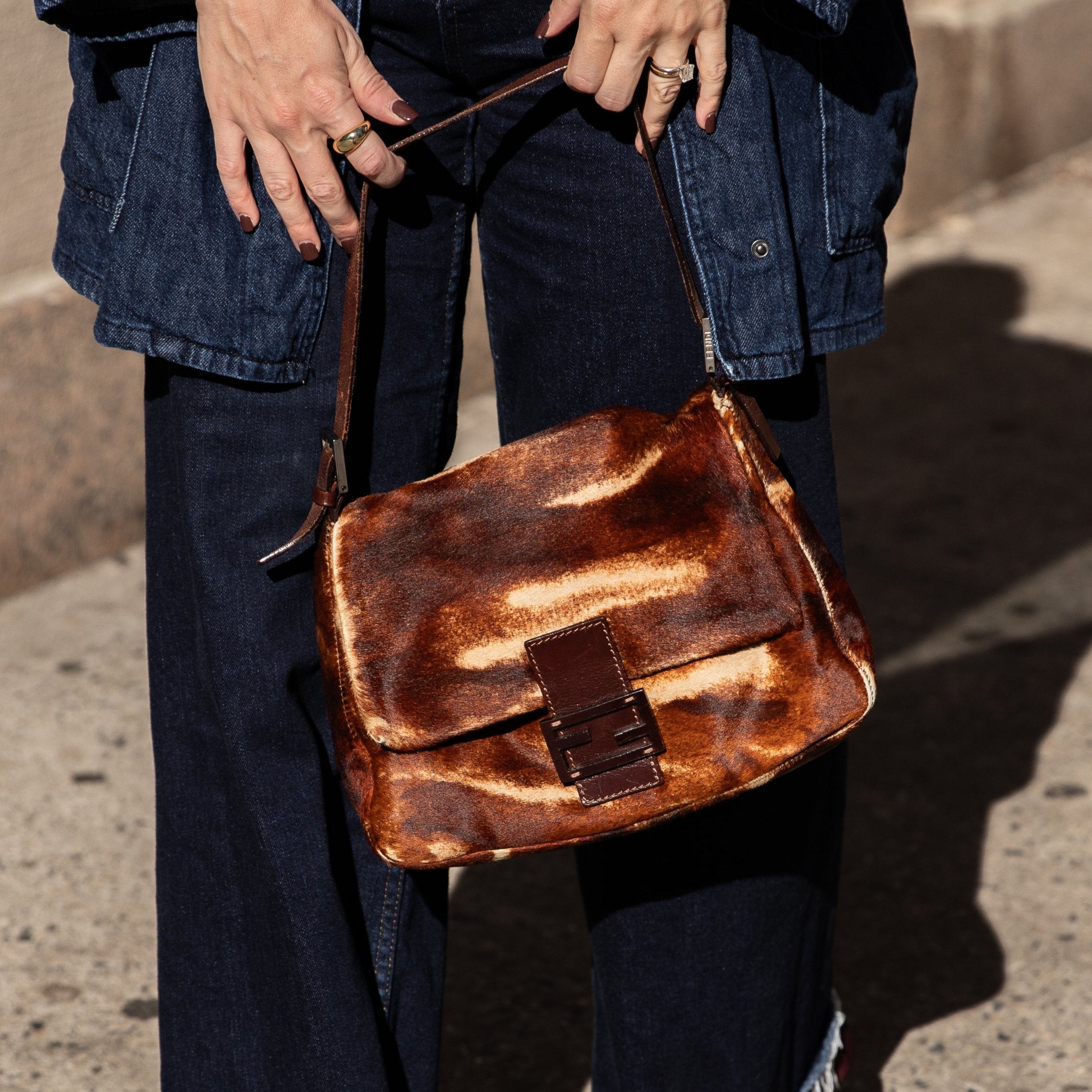 Fendi retro mama baguette ponyhair cow print calfhair brown leather 