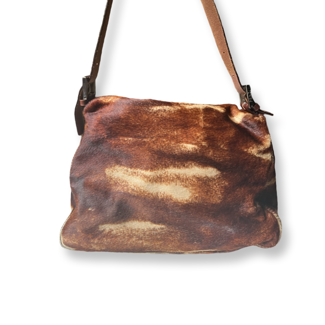 Authentic Fendi Baguette calf hair animal print brown leather Mama size