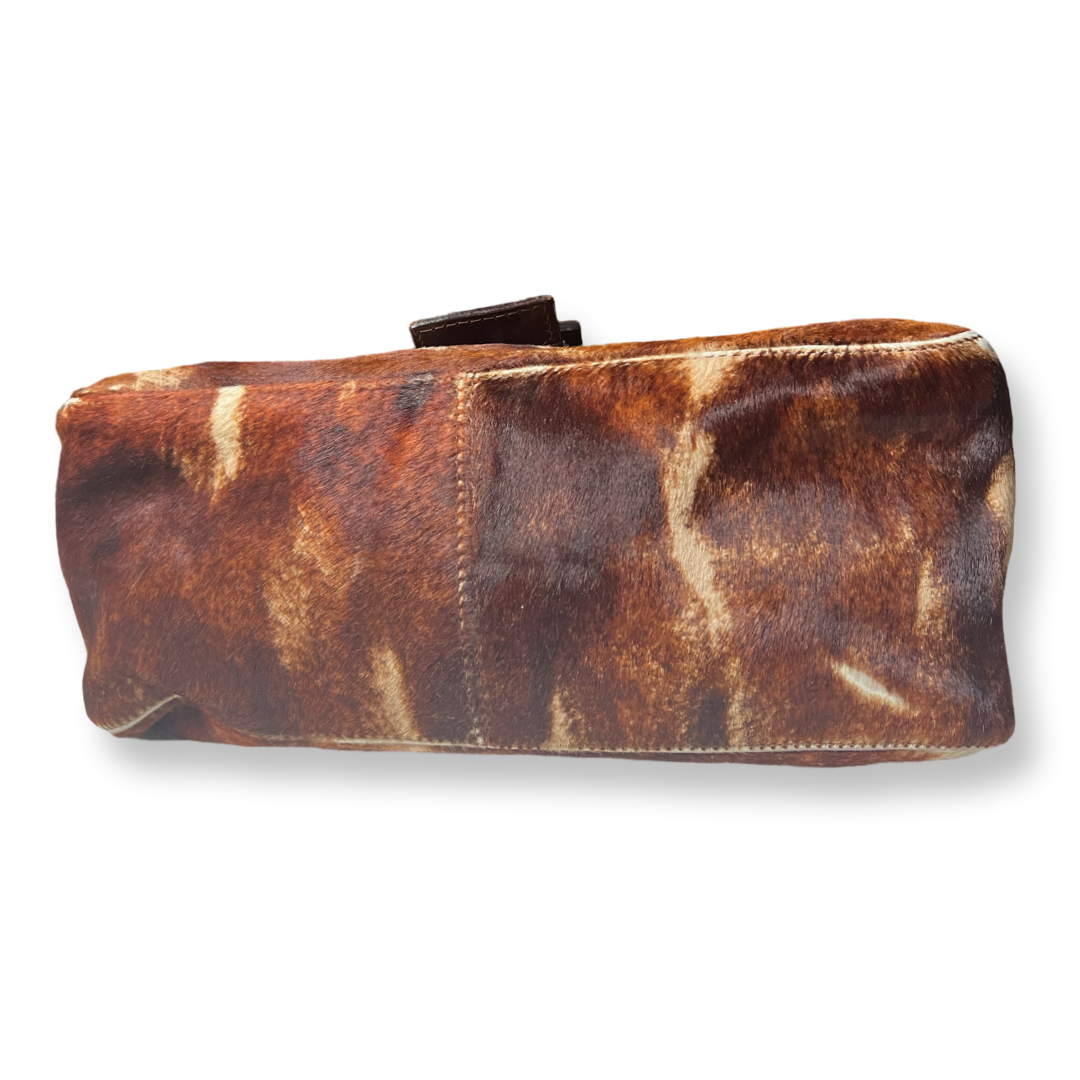 Fendi old baguette mama size animal hair cow pattern brown leather