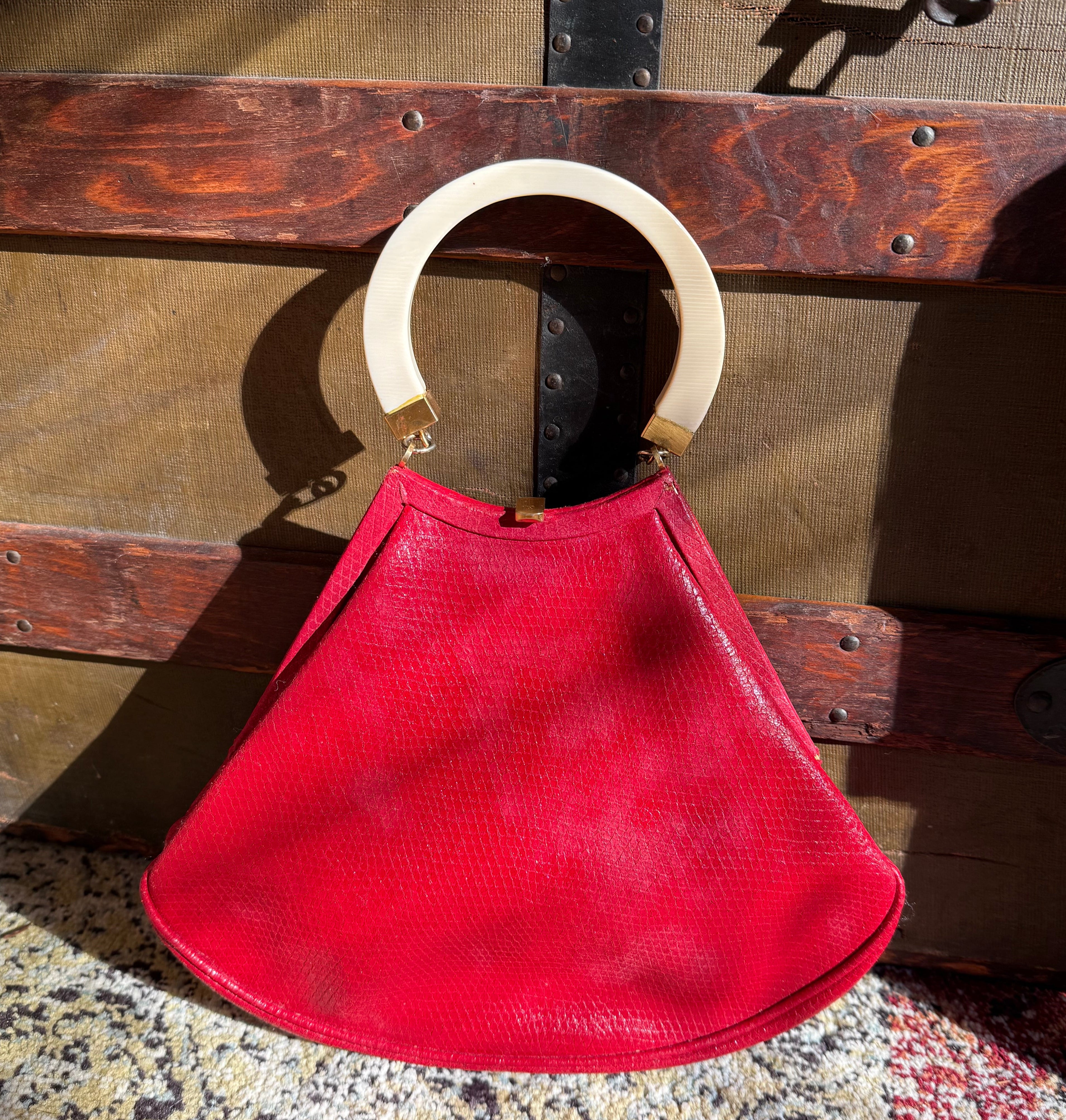 Fendi Authentic Rare Vintage Exotic Snakeskin handbag with lucite structured handle Red