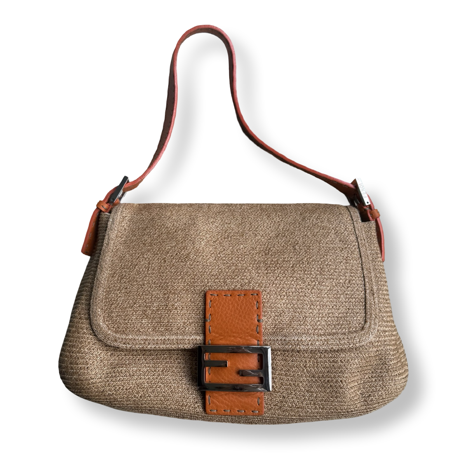 Vintage Fendi Selleria Mama Baguette Raffia Woven Straw and Leather orange trim 00s