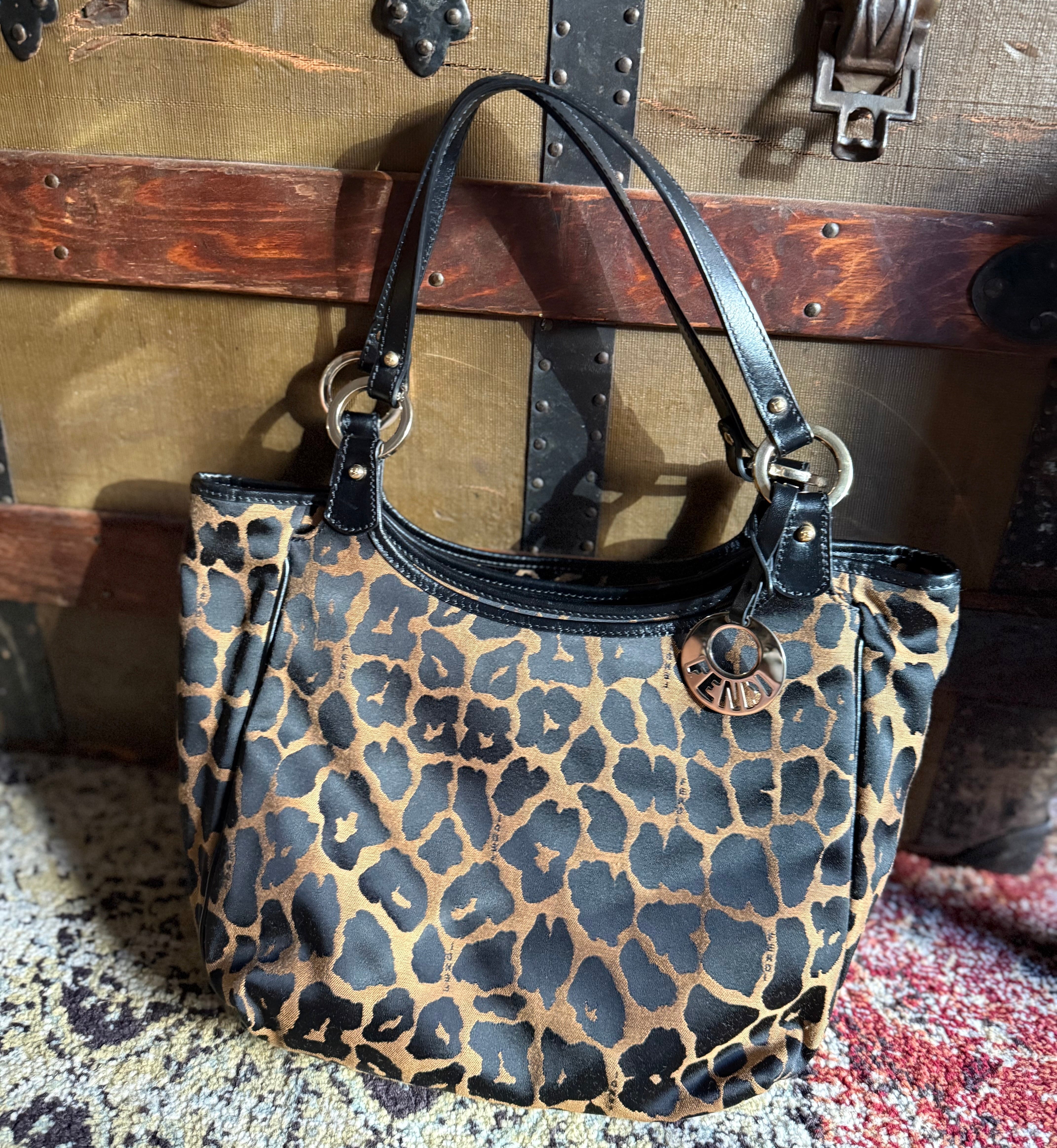 Fendi vintage authentic leopard print tote bag with black leather and silver hardware