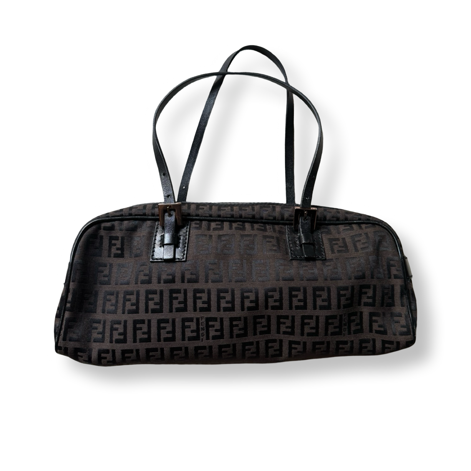 Fendi vintage brown mini ff print shoulder bag with black leather straps authentic 