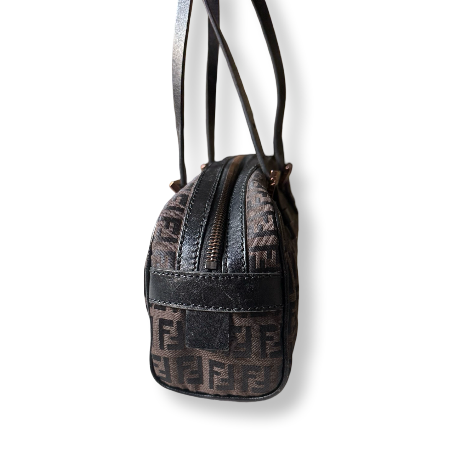 Fendi authentic brown zucchino print small ff black leather shoulder bag rose gold hardware