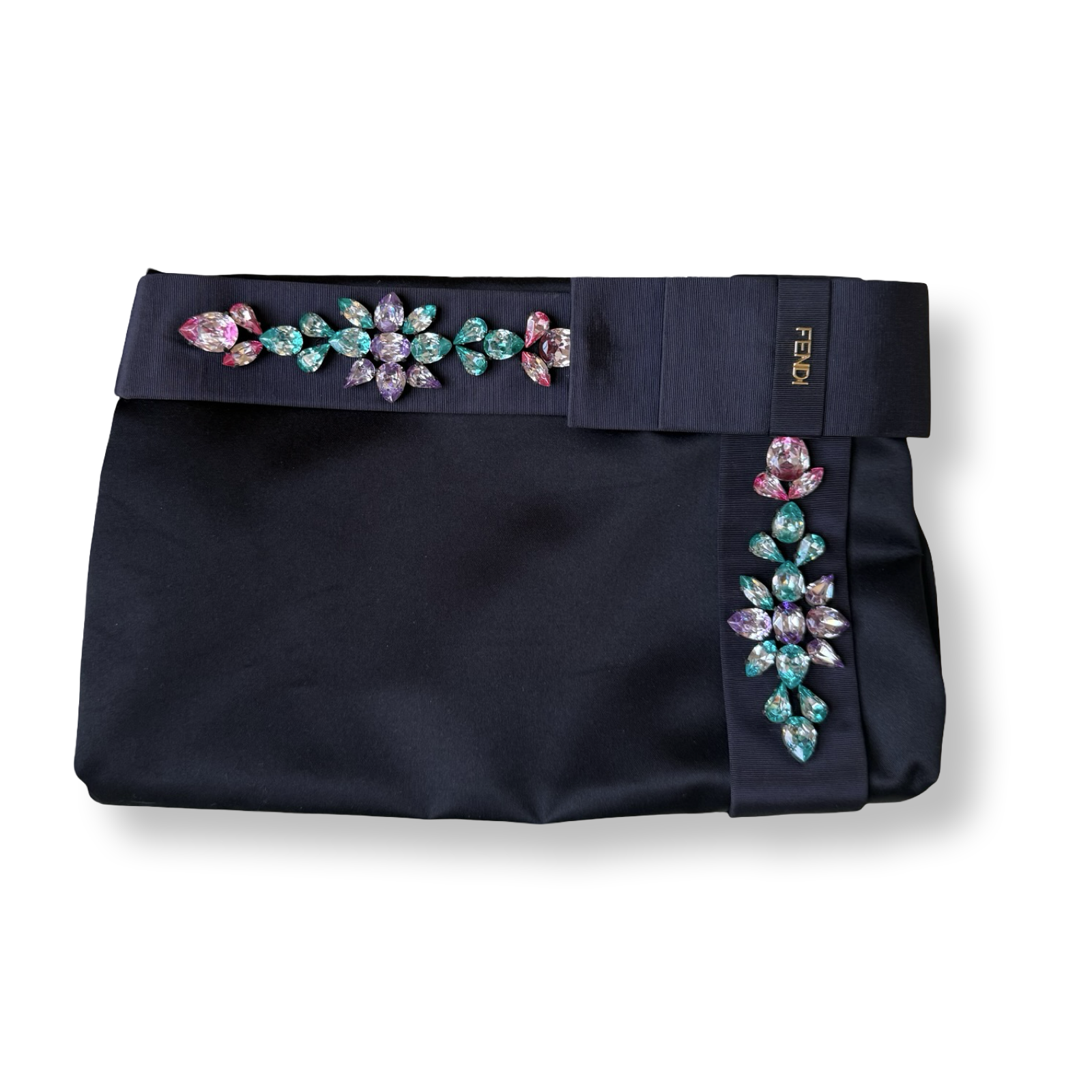 fendi vintage black satin evening clutch with blue pink and purple rhinestones authentic 2000s y2k 