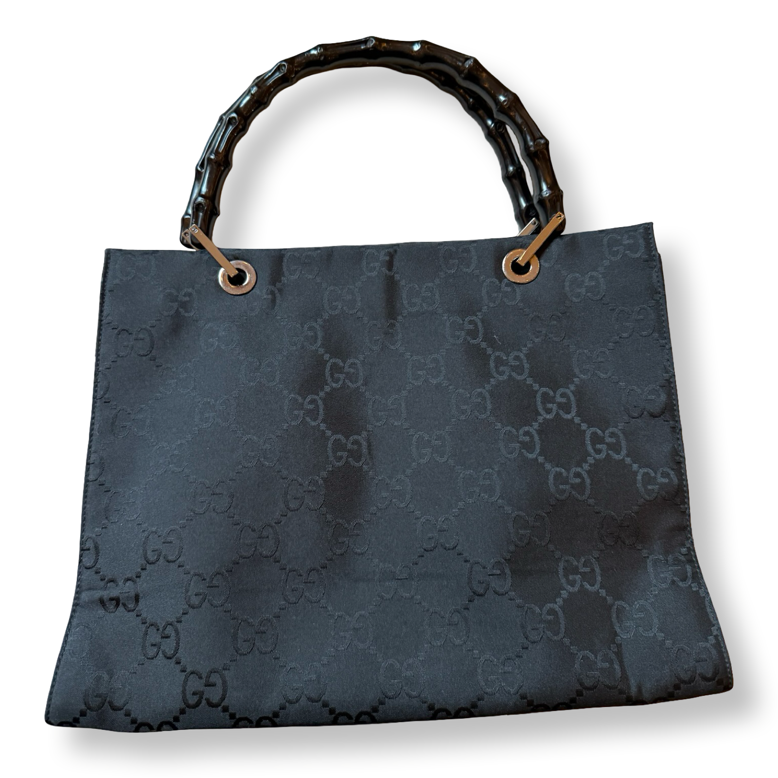 Gucci Black Vintage Bamboo handle Monogram Tote authentic