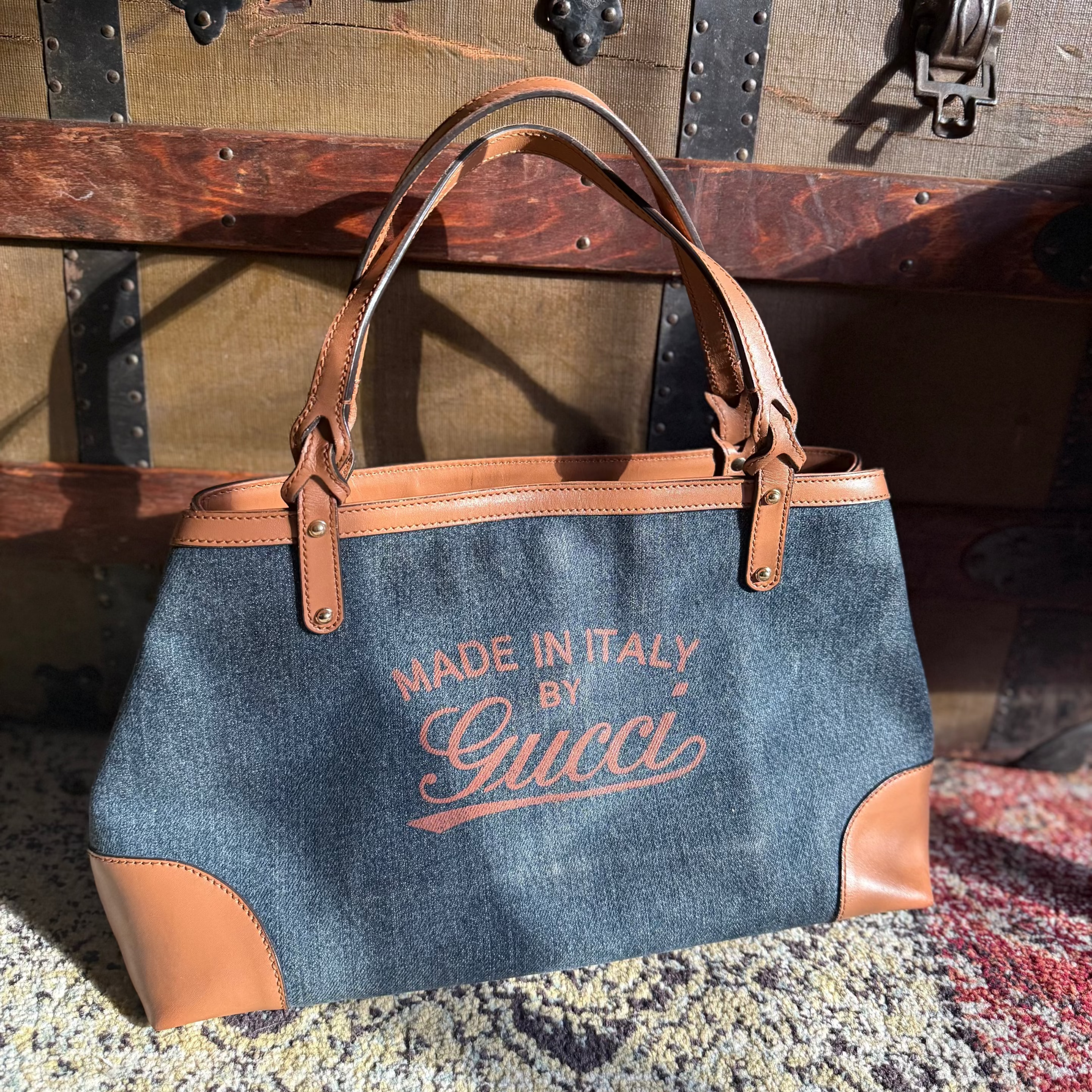 Gucci Authentic 2010s Denim & Brown Leather Tote 