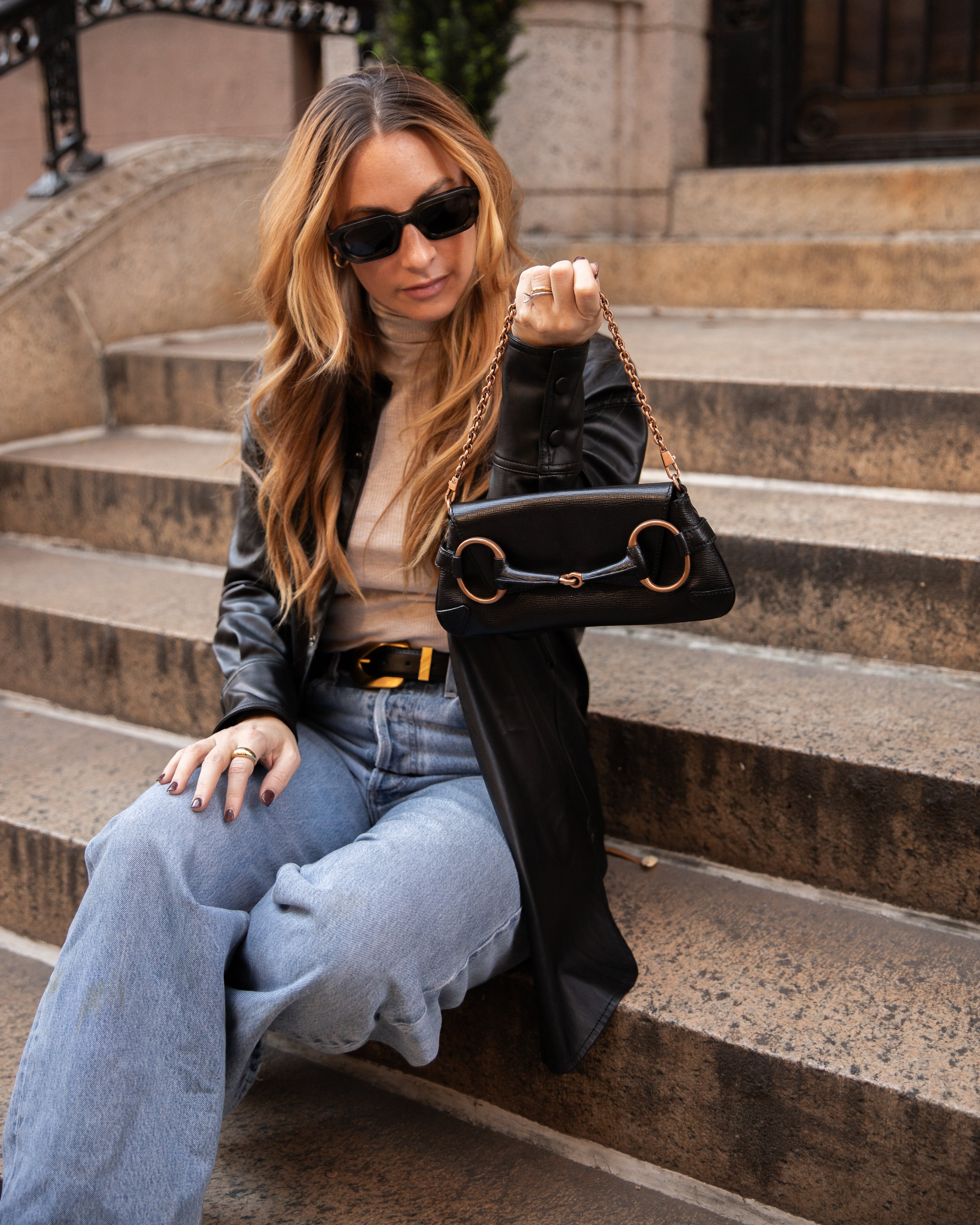 Gucci Black Leather Horsebit chain clutch shoulder bag 