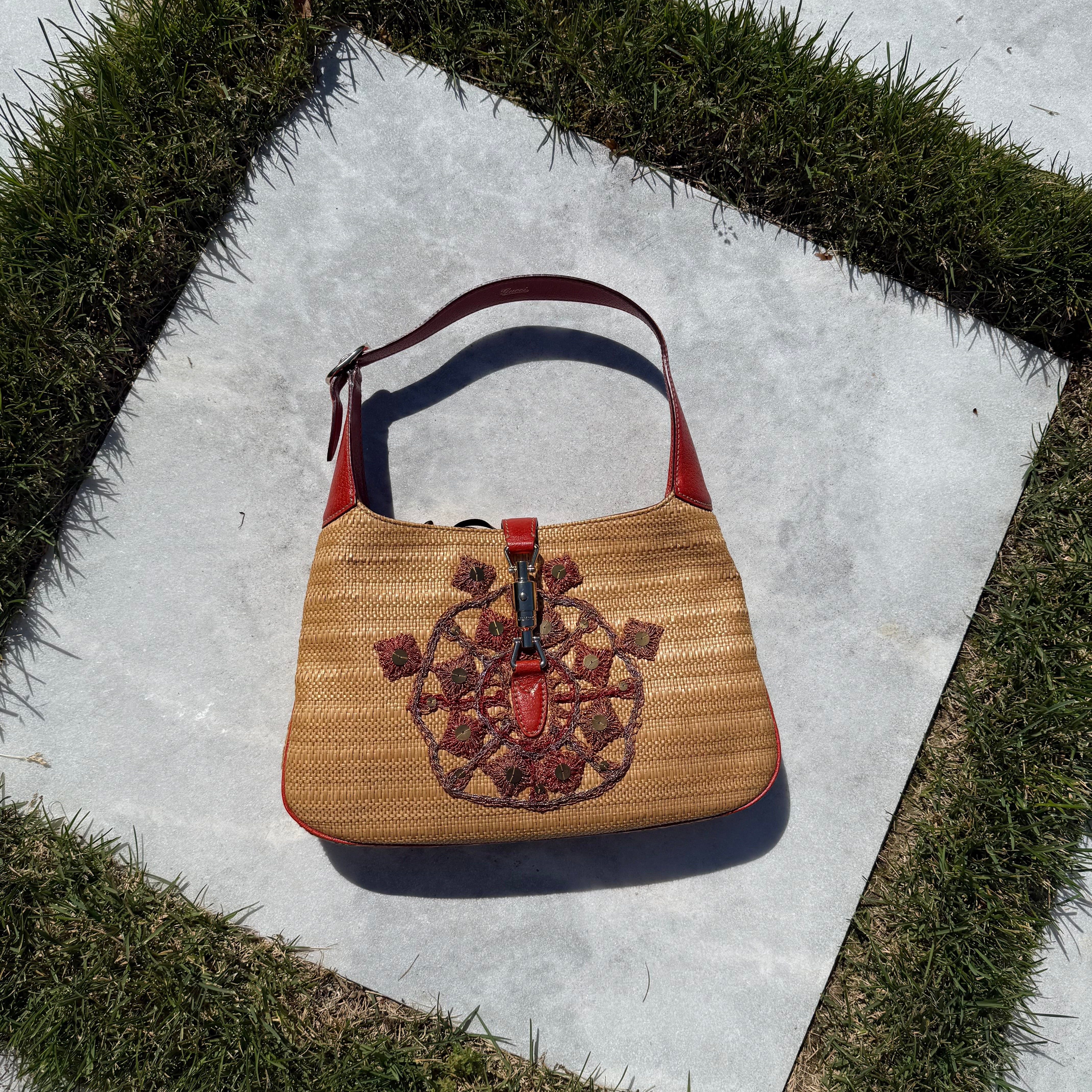 Gucci Limited Edition Jackie Embroidered Raffia Hobo 2000s y2k boho bag red 