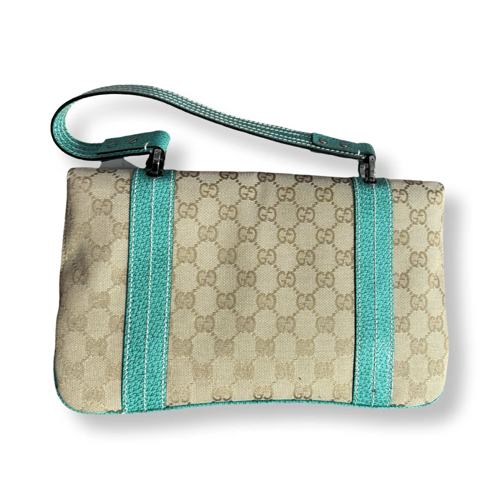 Gucci Signature GG Flap bag with Turquoise leather trim authentic 
