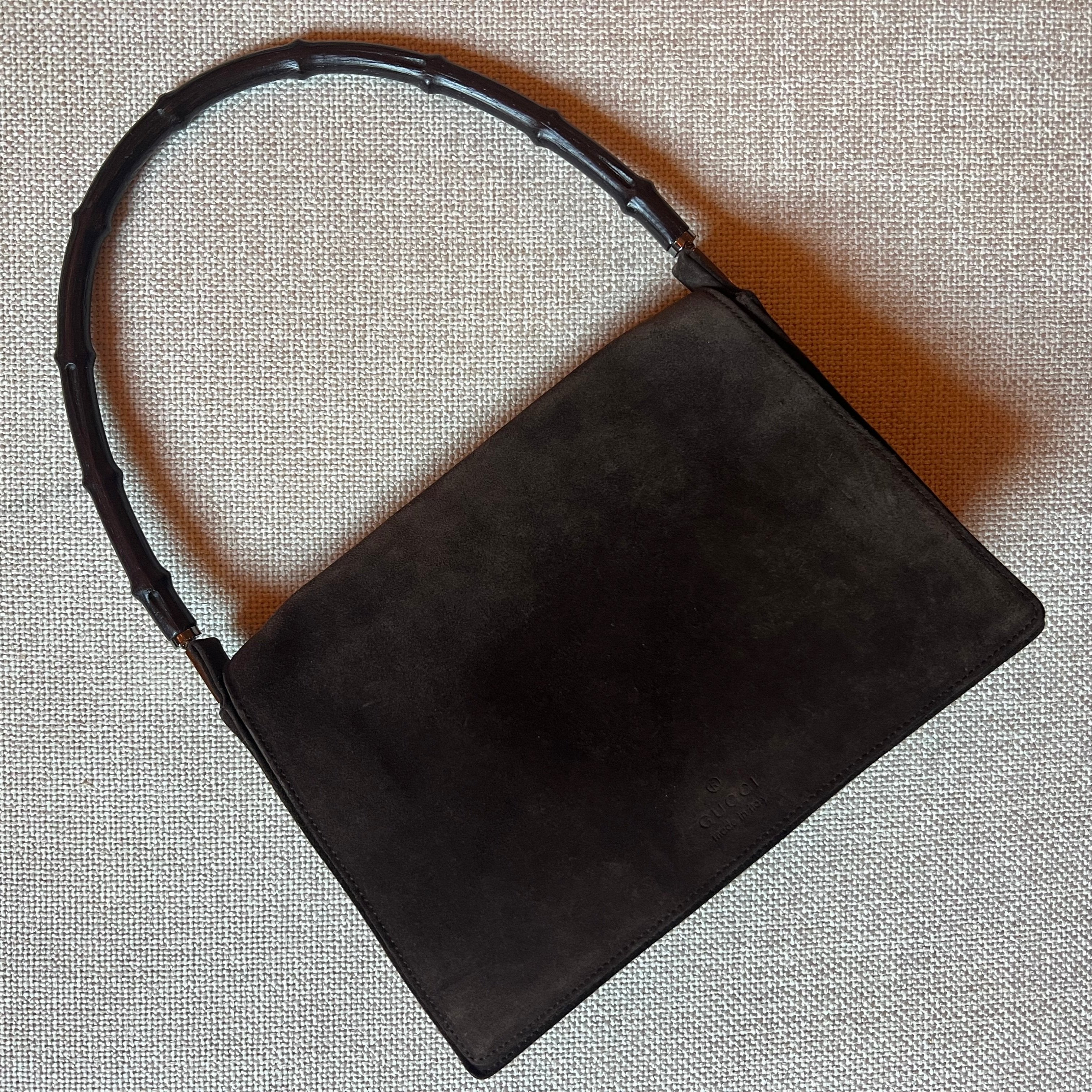 Gucci 90s Chocolate Suede Shoulder Bag Bamboo Handle Tom Ford Era