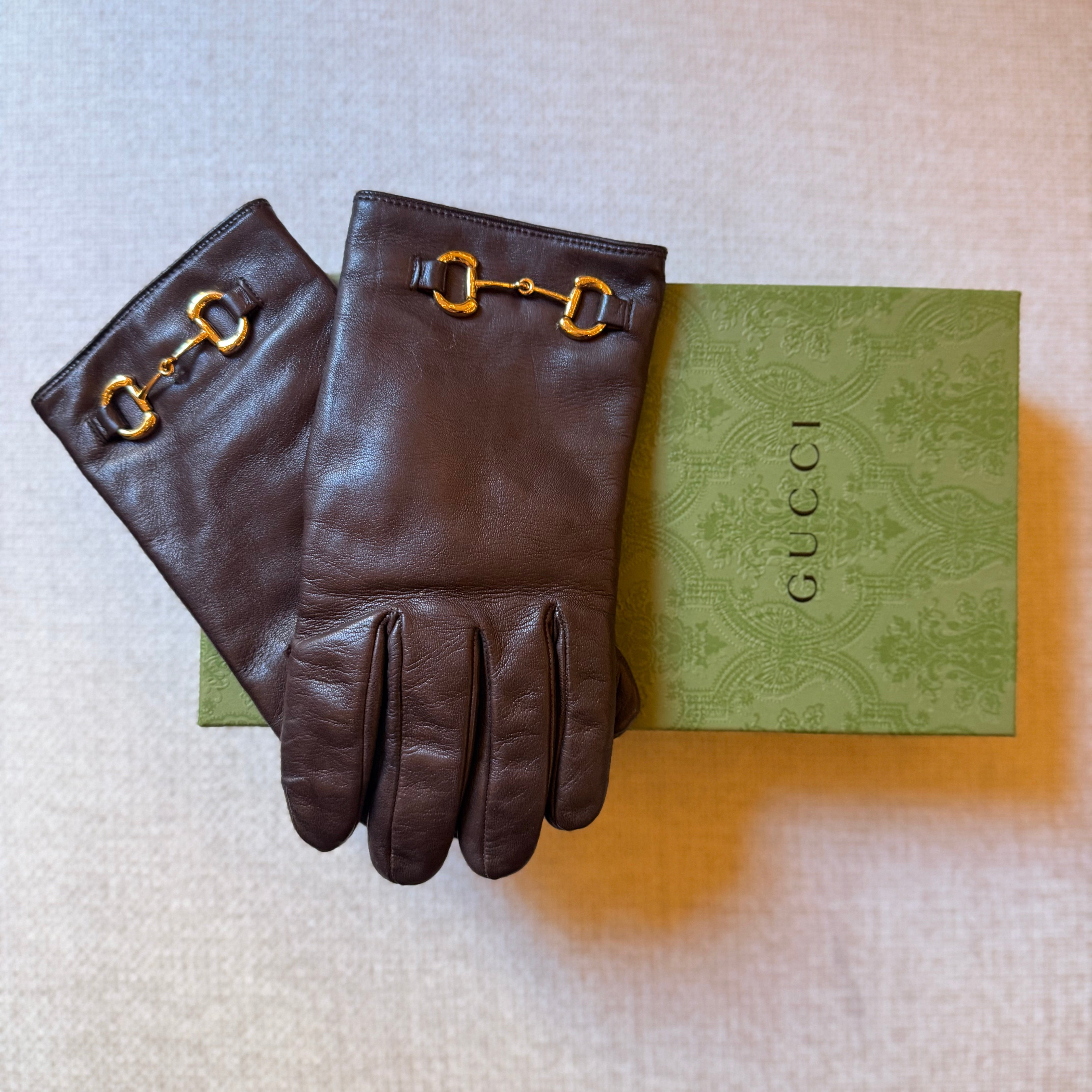 Gucci Brown Leather Horsebit Gloves Authentic