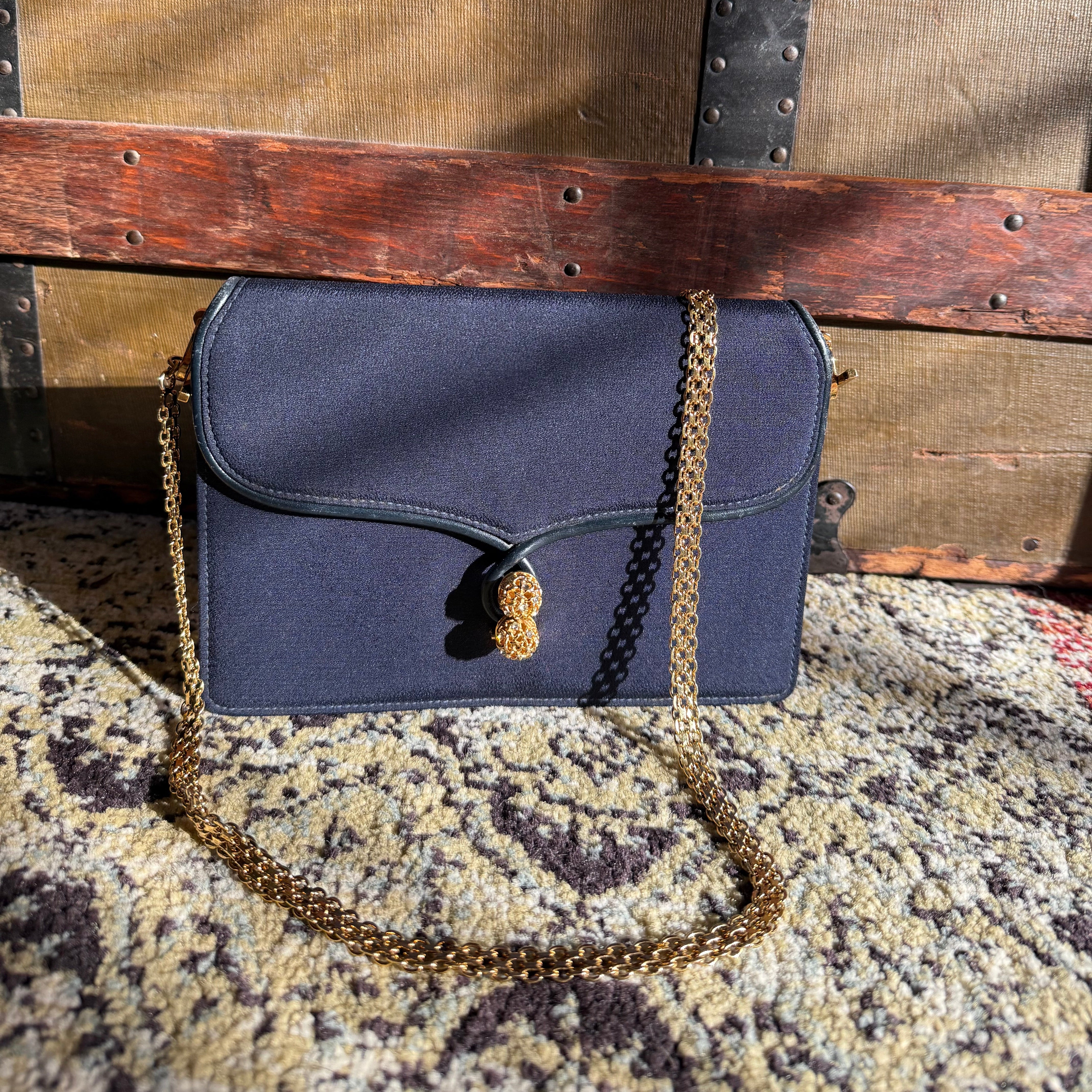 Gucci Vintage Navy Shoulder Bag authentic 1970s crystal closure