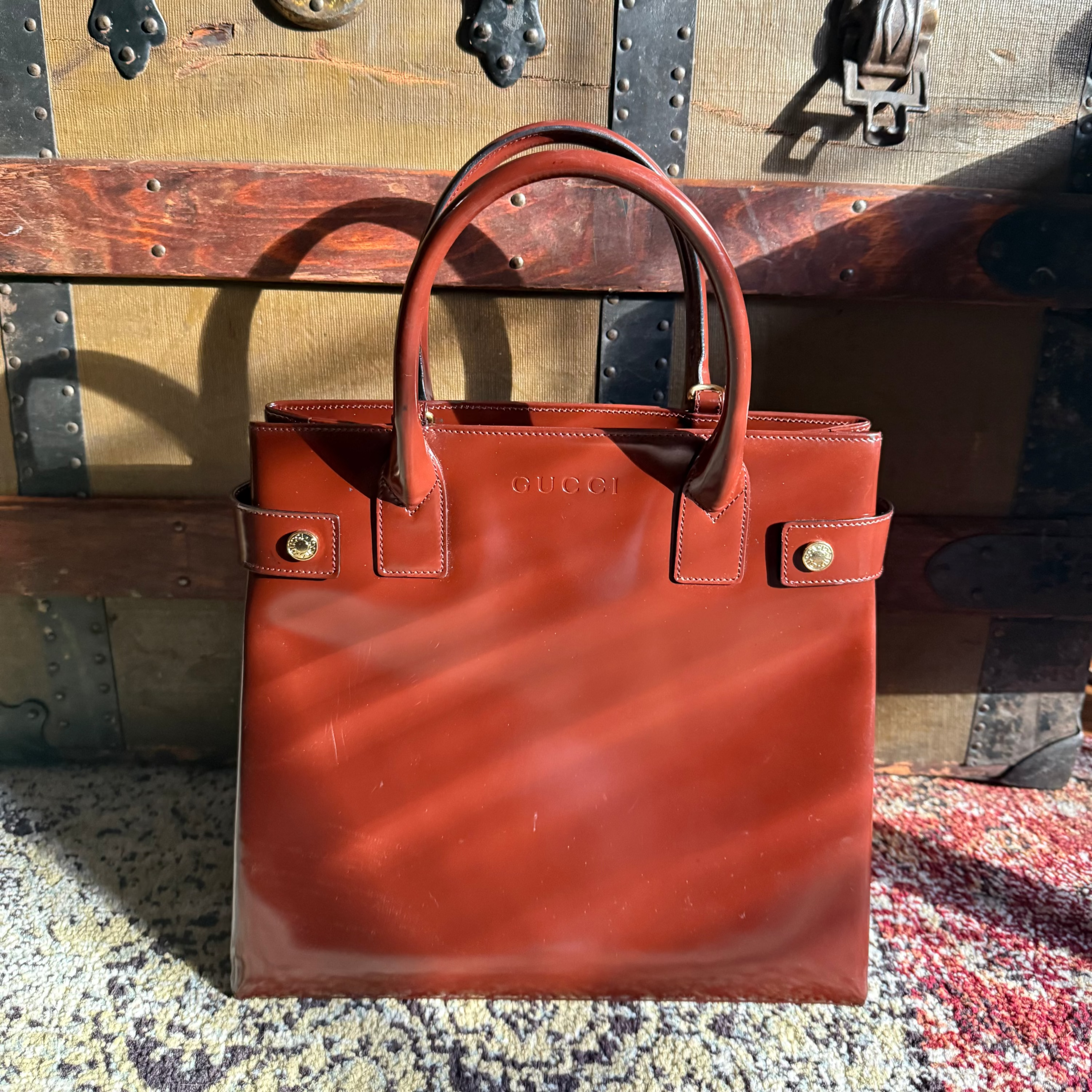 Gucci Vintage Authentic Patent Leather two way tote cognac brown color 