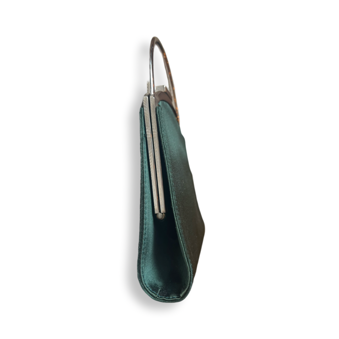 Gucci evening bag emerald green satin with silver hardware top handle