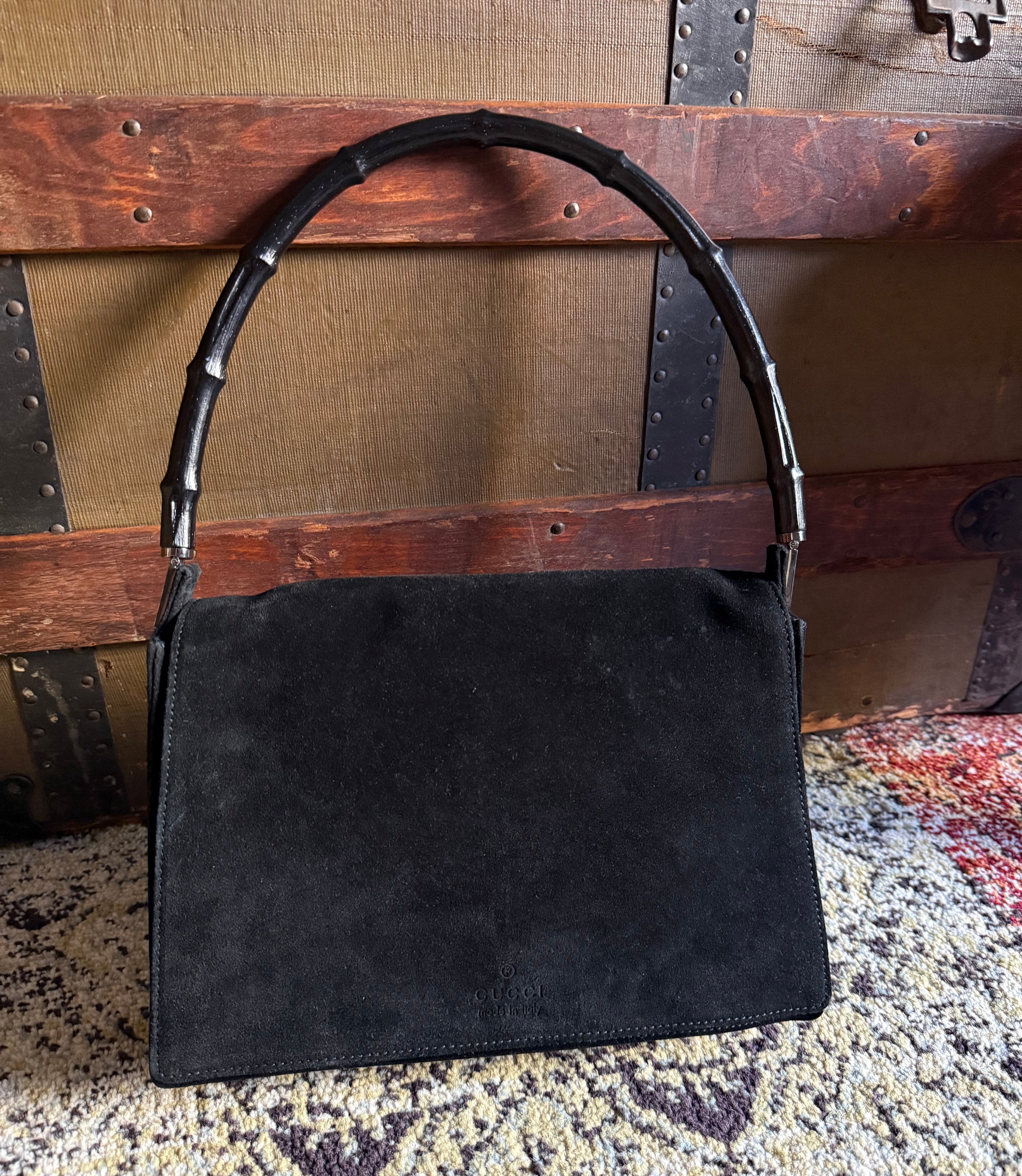 Gucci authentic vintage shoulder bag black suede front flap with black bamboo handle