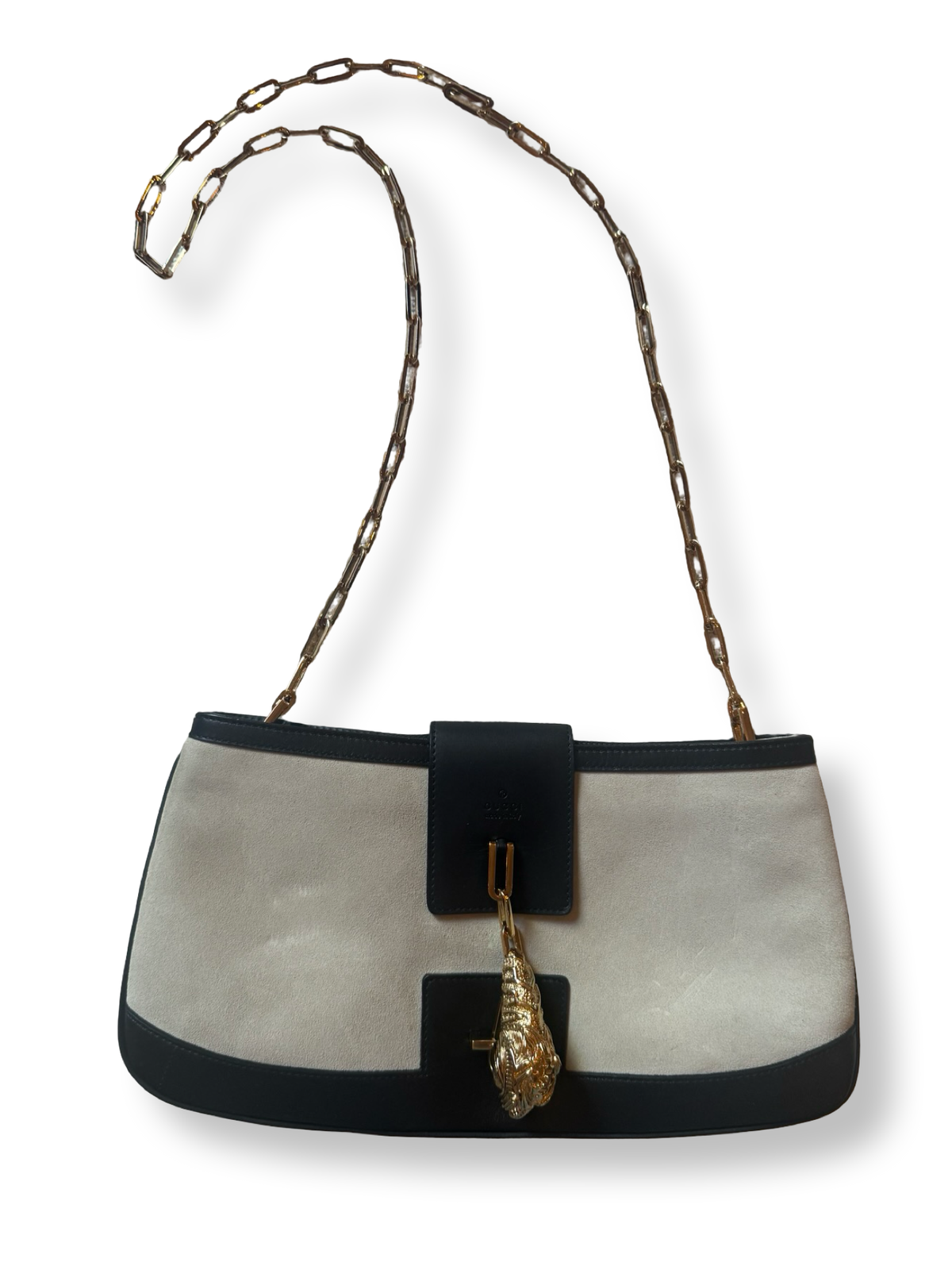 Gucci Vintage runway shoulder bag grey suede with tiger head charm black leather authentic Tom Ford era Gucci