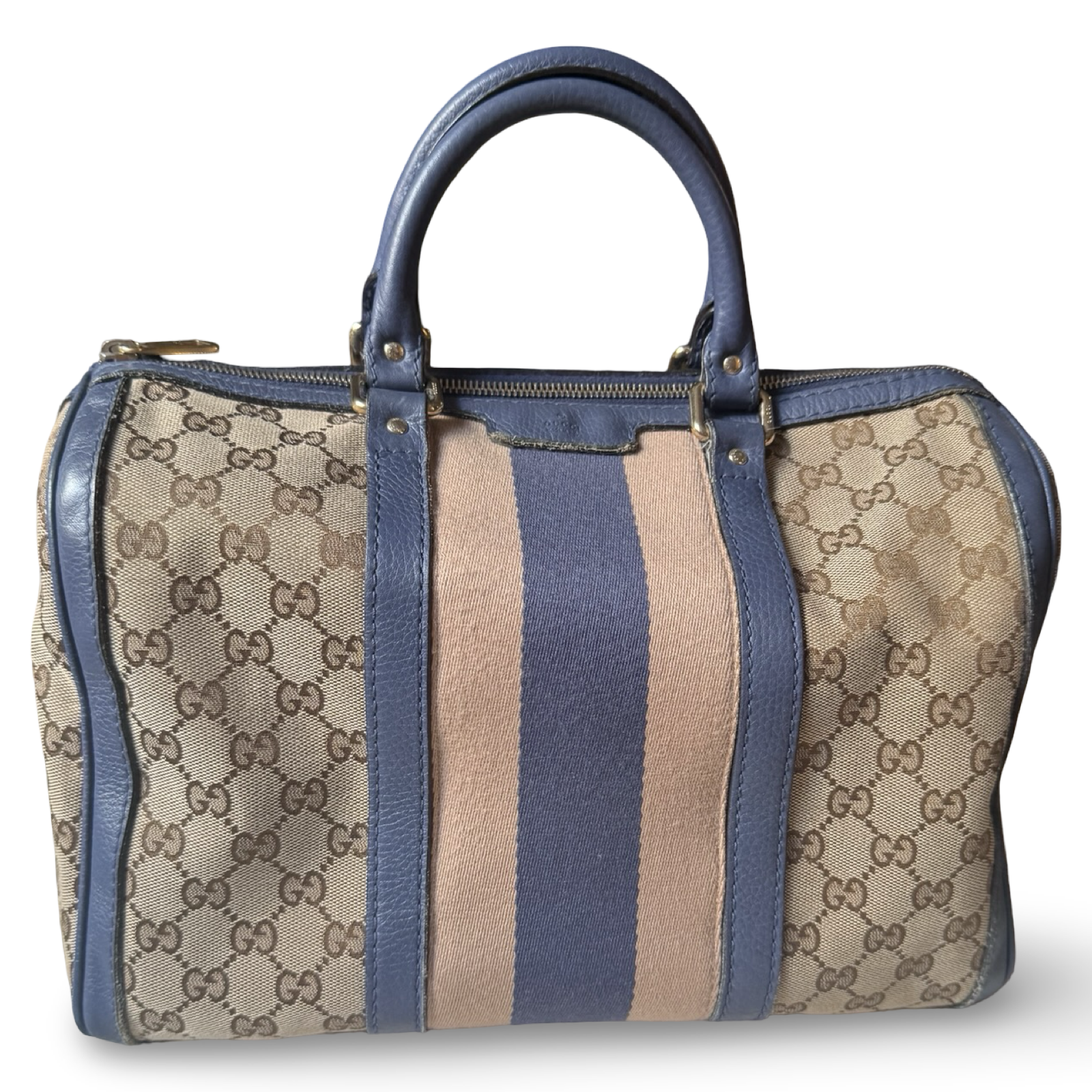 Gucci Web Boston Bag Medium Satchel authentic gg Canvas with blue & pink detail