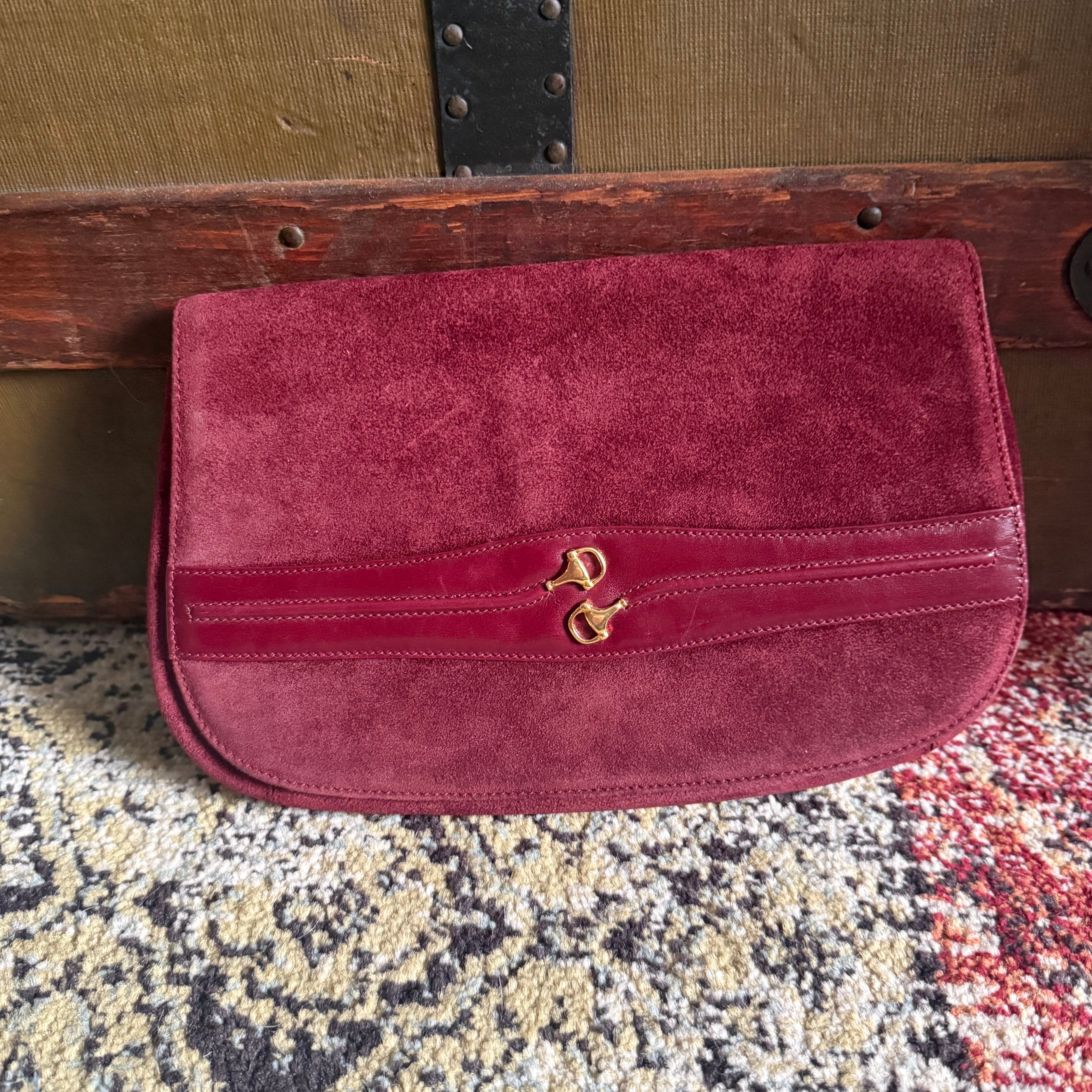 Gucci authentic vintage 1984 suede horse bit clutch burgundy suede and leather